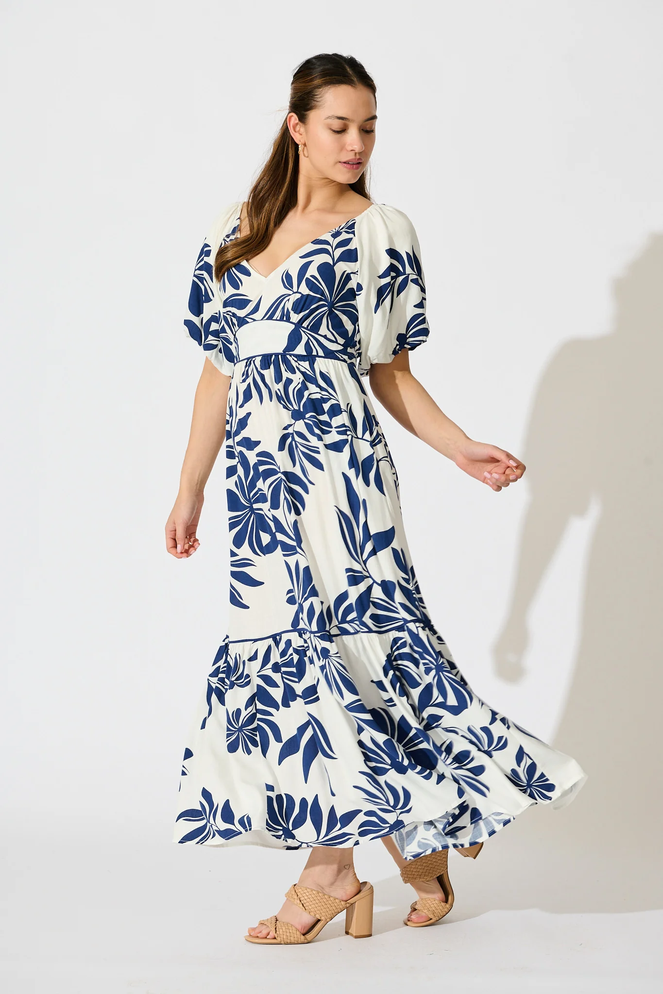 Delphinia Midi Dress in White with Navy Leaf Linen Blend - Image 3