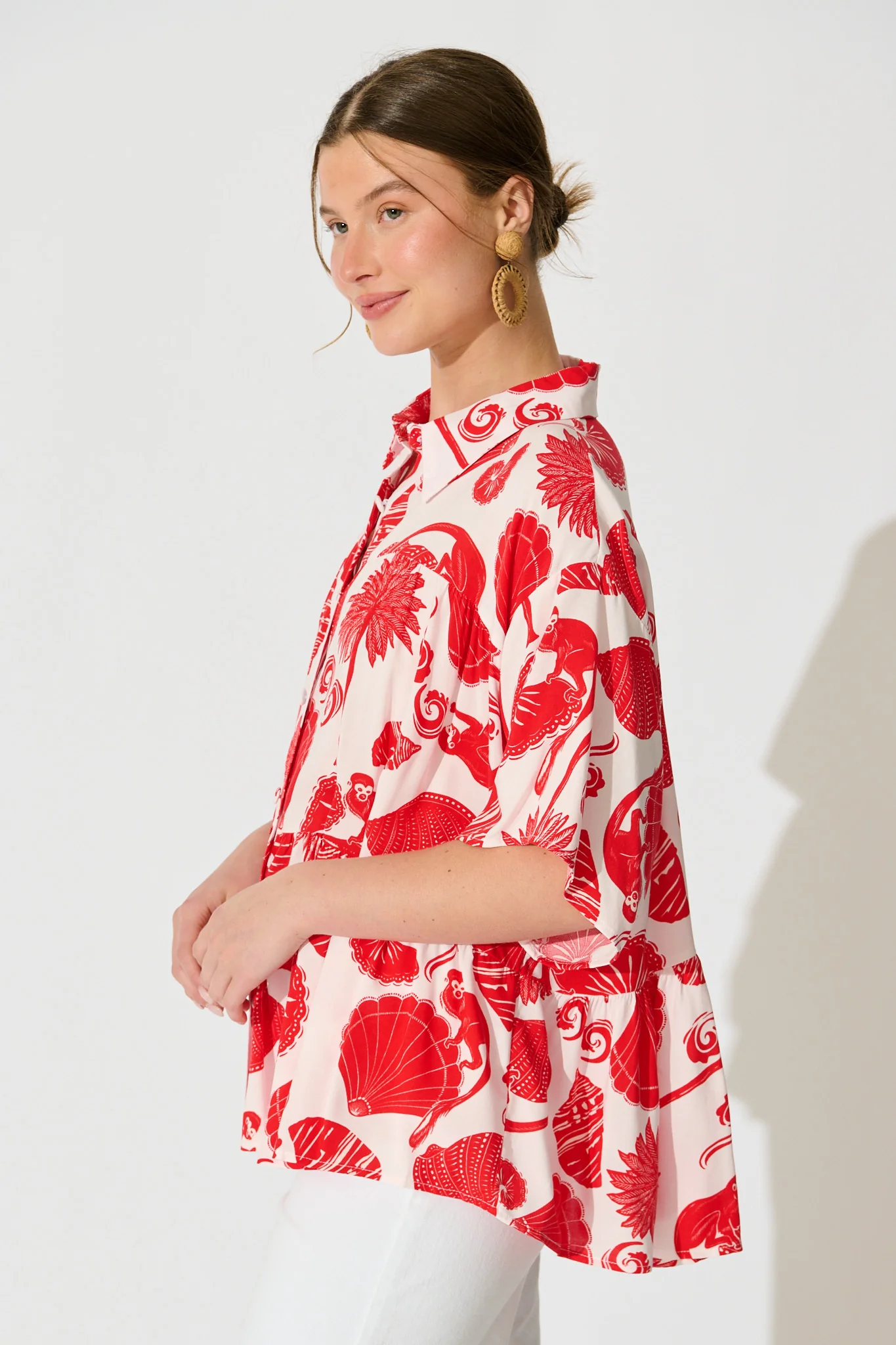 Deltina Shirt in Off White with Red Shell Print - Image 2