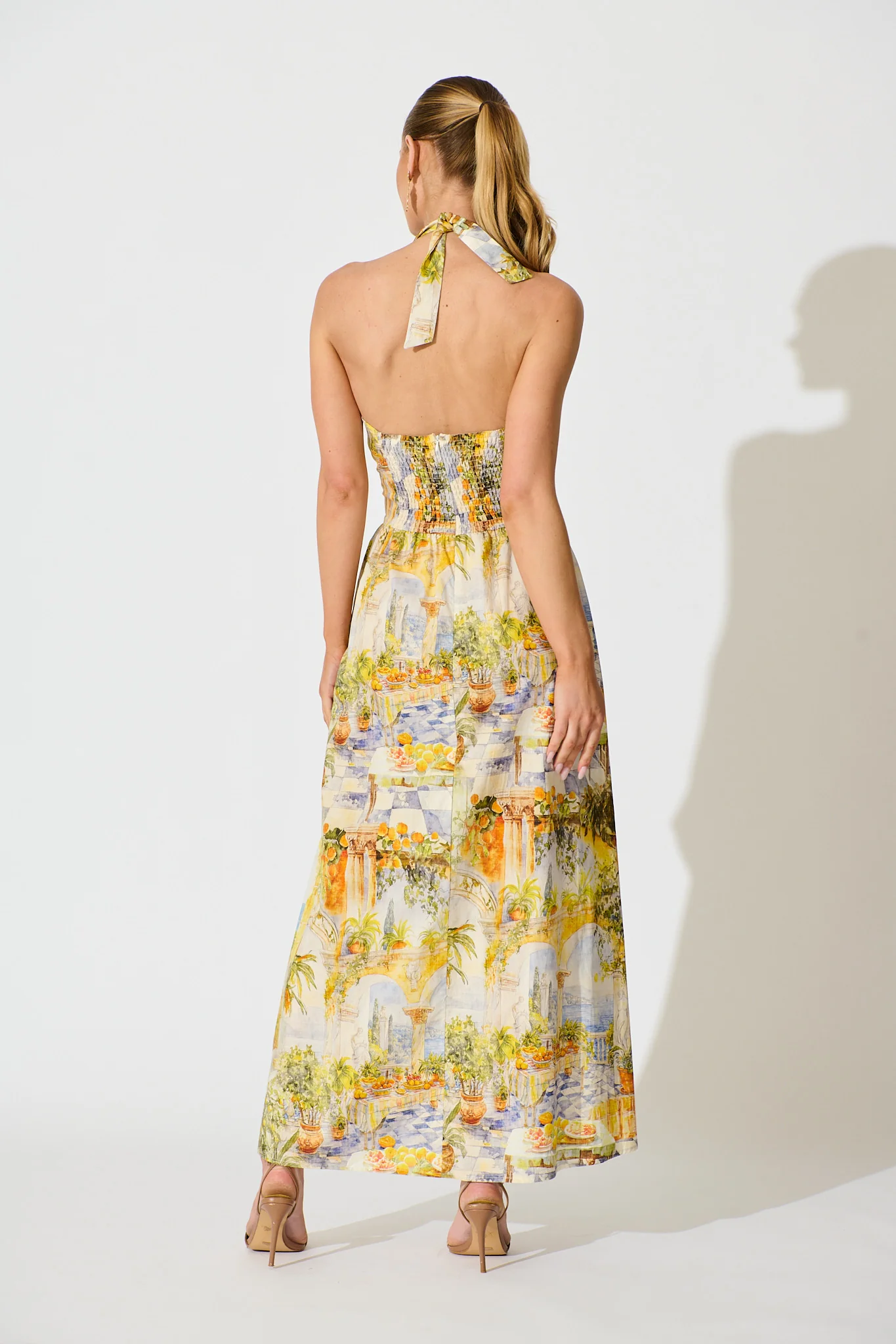 Dinah Halter Neck Maxi Dress in Yellow Multi Mediterranean Cotton - Image 4