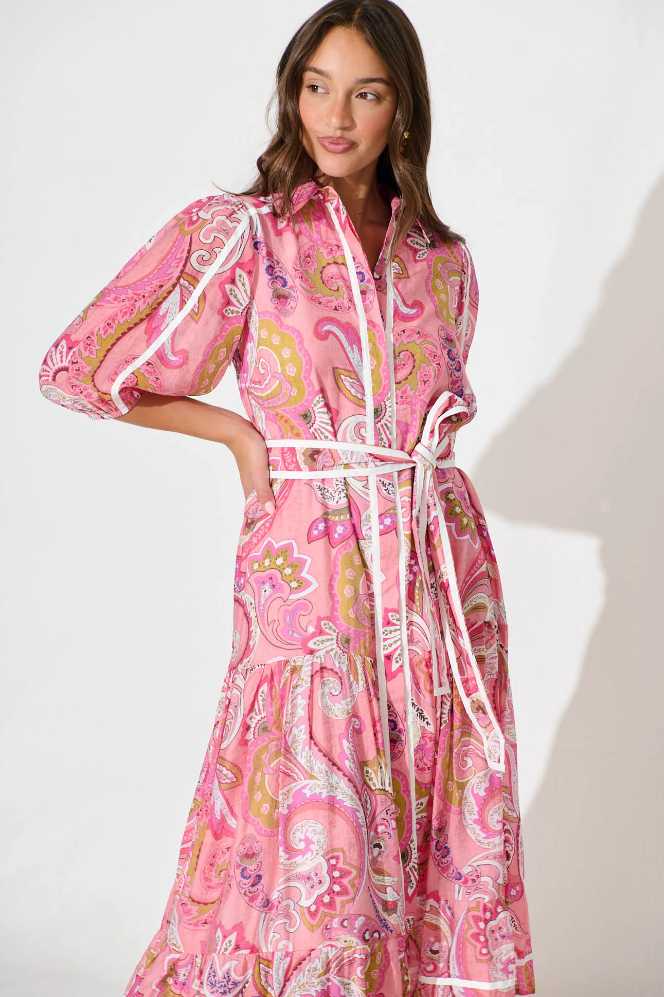 Dion Maxi Shirt Dress In Multi Pink Print - Image 2