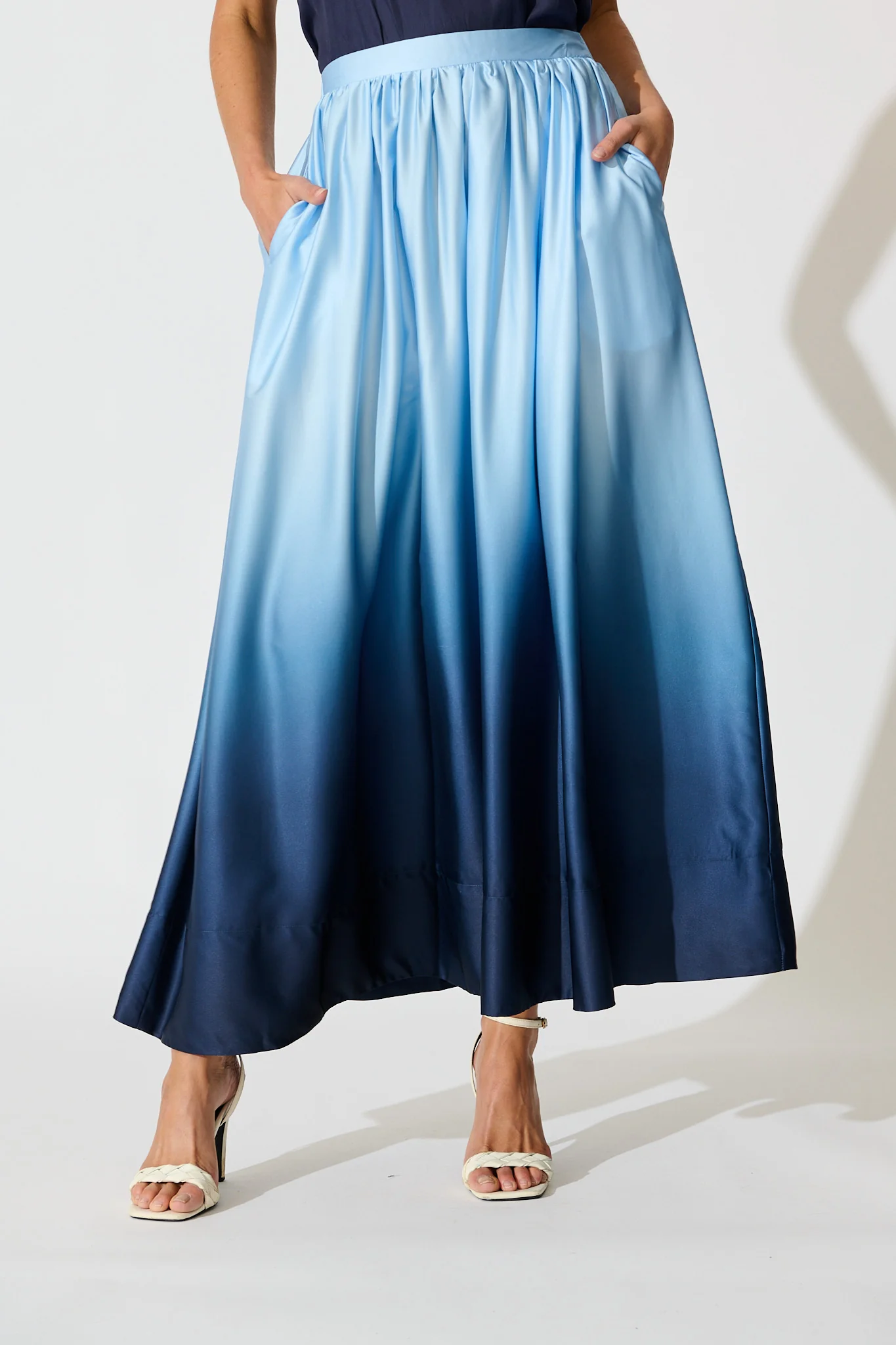 Dip and Dusk Maxi Ombre Skirt in Blue Satin