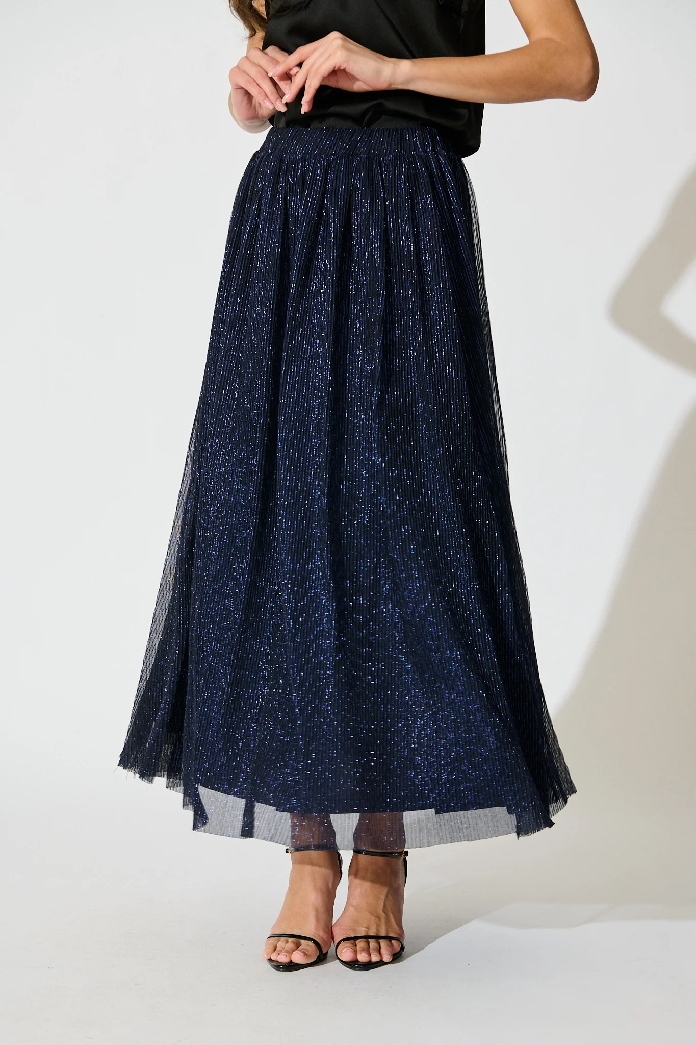 Dip and Dusk Maxi Skirt in Navy Lurex Chiffon