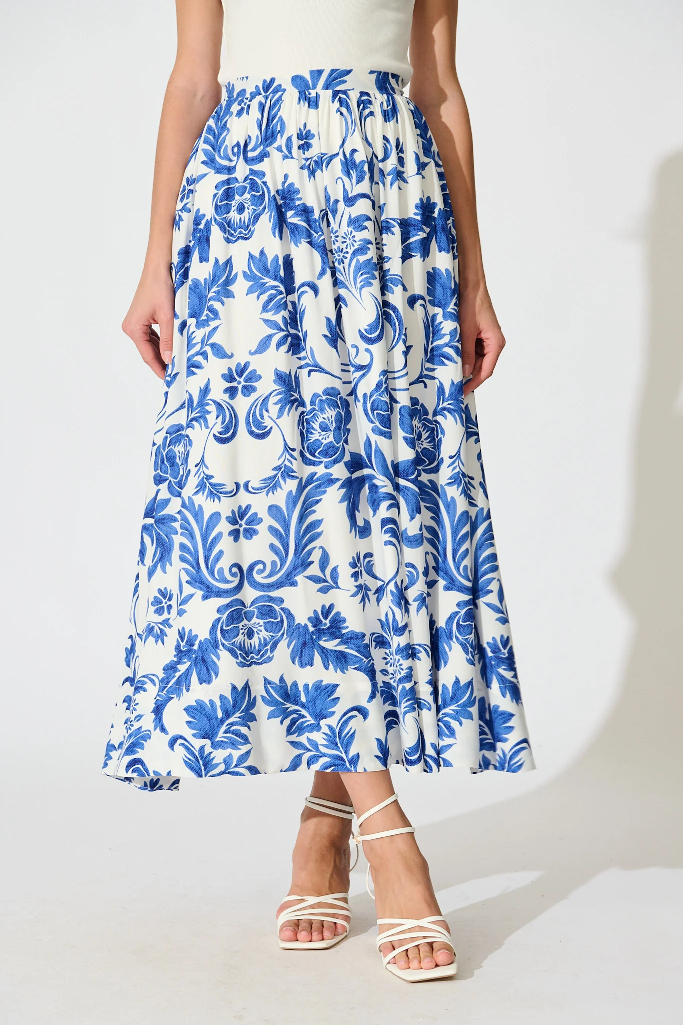 Dip and Dusk Maxi Skirt in White with Blue Floral