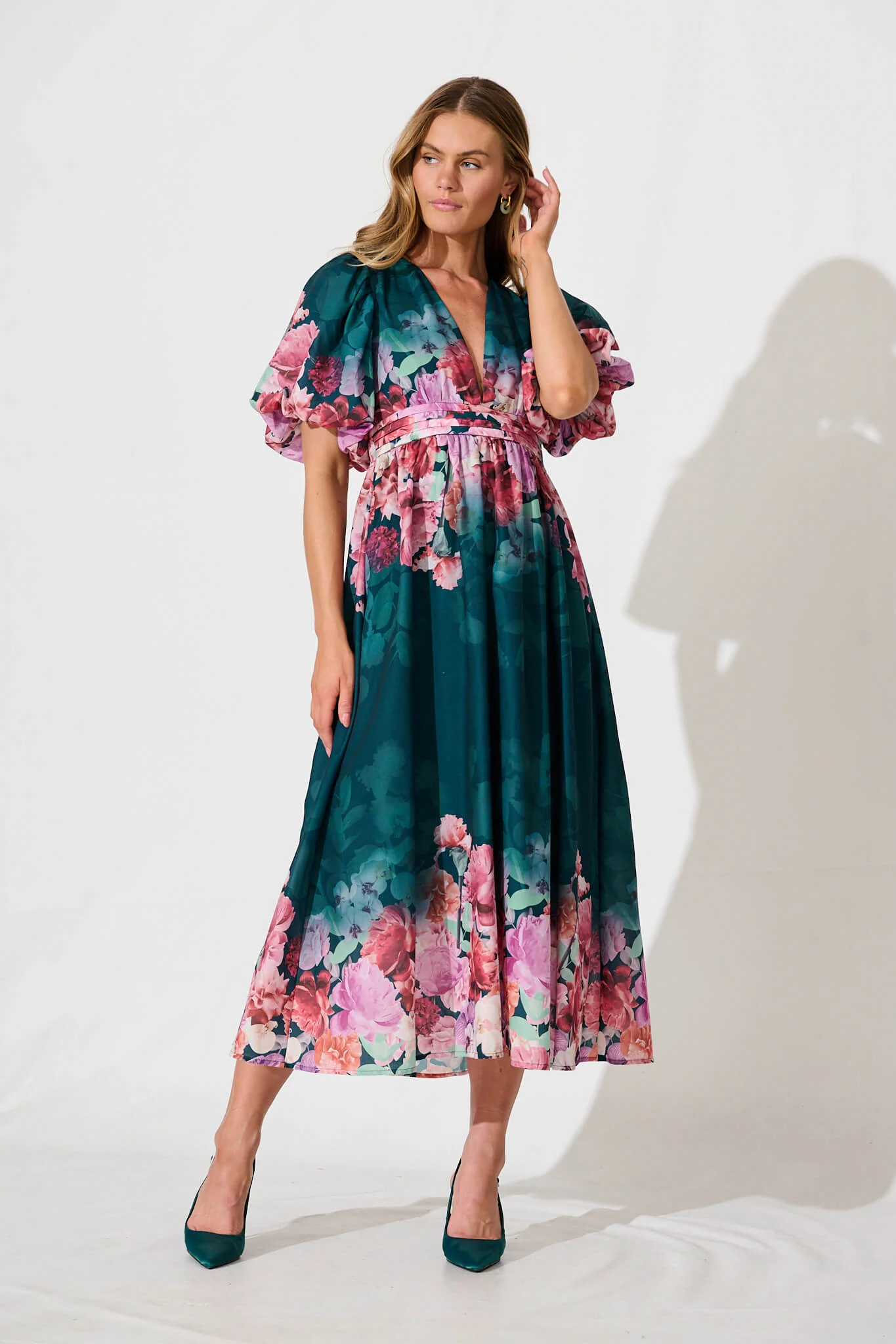 Divine Maxi Dress In Emerald With Pink Multi Floral Print - Image 2