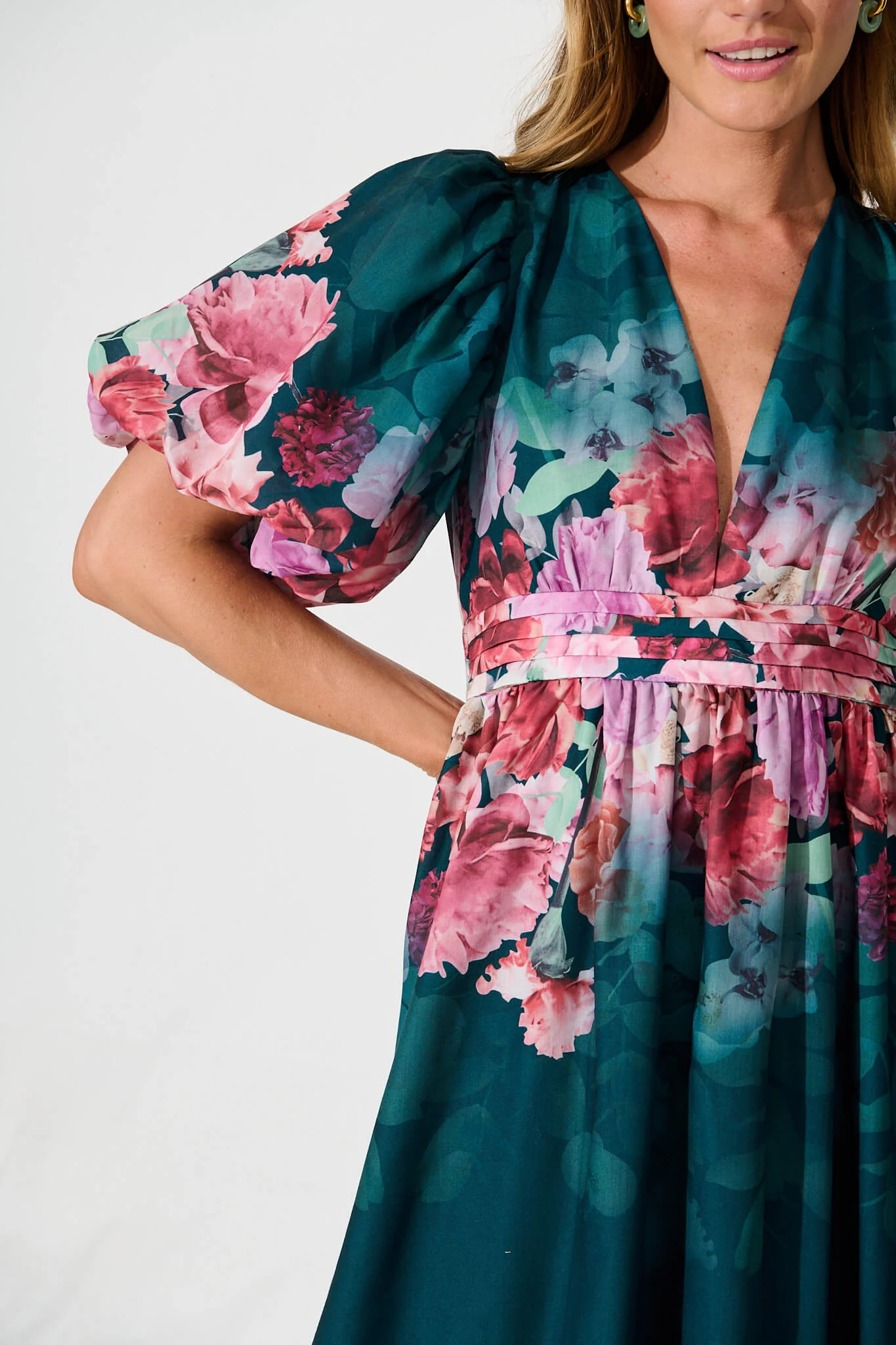 Divine Maxi Dress In Emerald With Pink Multi Floral Print - Image 9