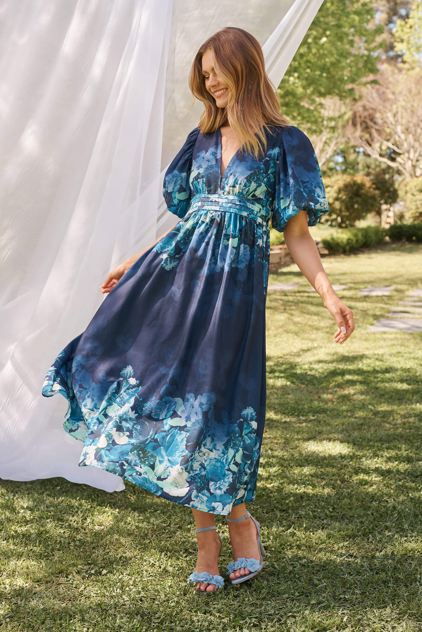 Divine Maxi Dress In Navy With Sage Multi Floral Print - Image 3
