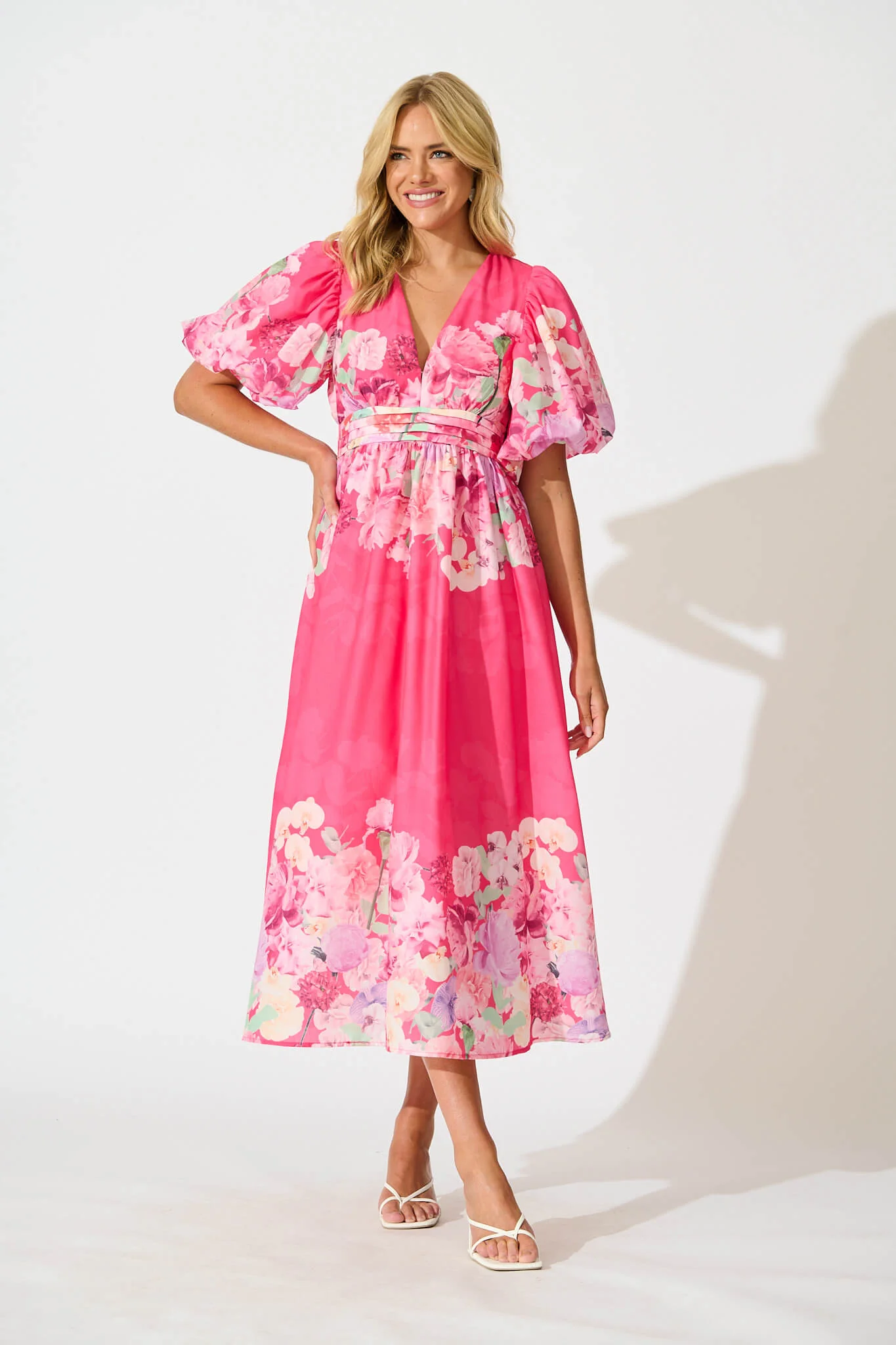 Divine Maxi Dress In Pink With Lilac Multi Floral Print