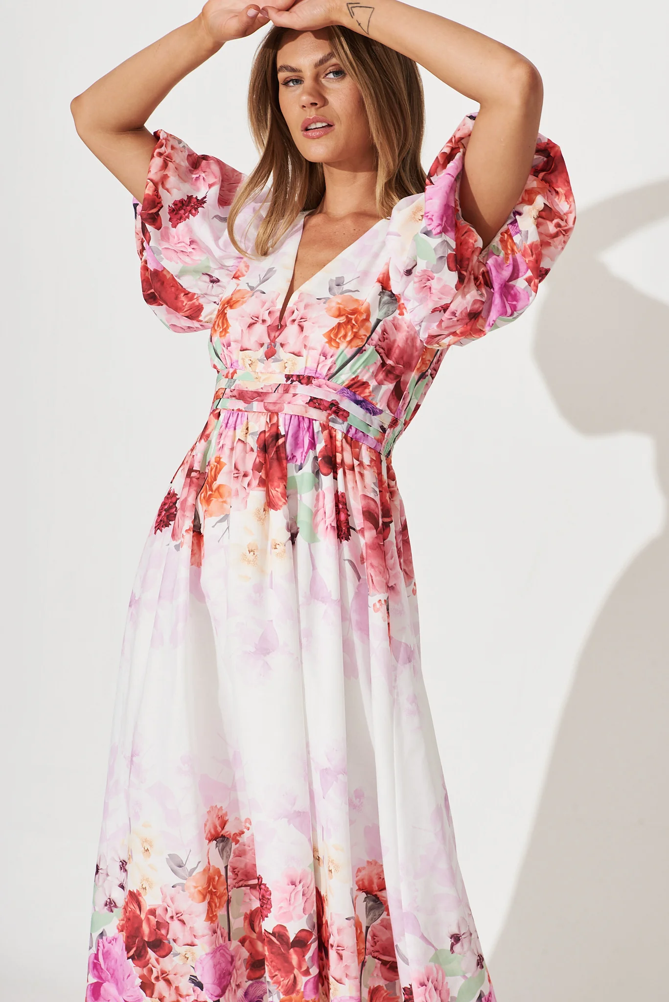 Divine Maxi Dress In White With Pink Multi Floral Print - Image 6