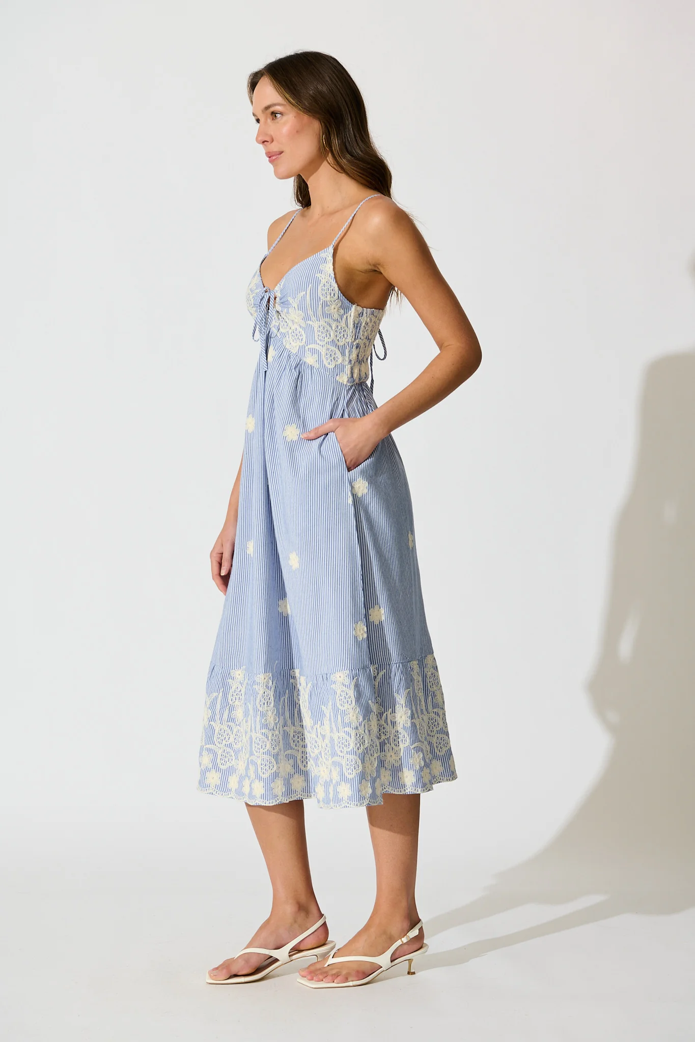 Dorah Midi Sundress in Blue Stripe with Floral Embroidery Cotton - Image 3