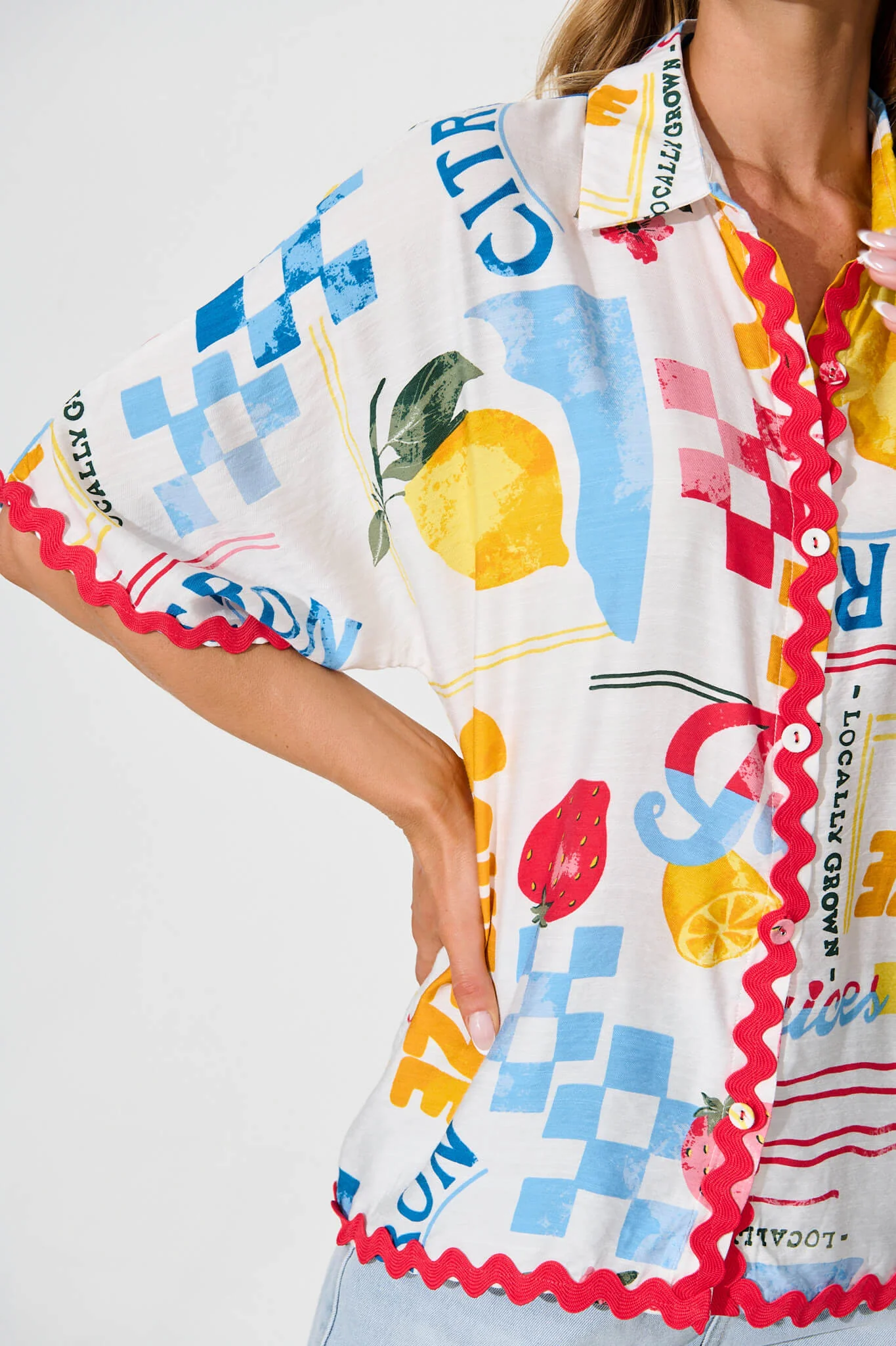Dream Girl Shirt In White Lemon Print Ric Rac Trim - Image 7