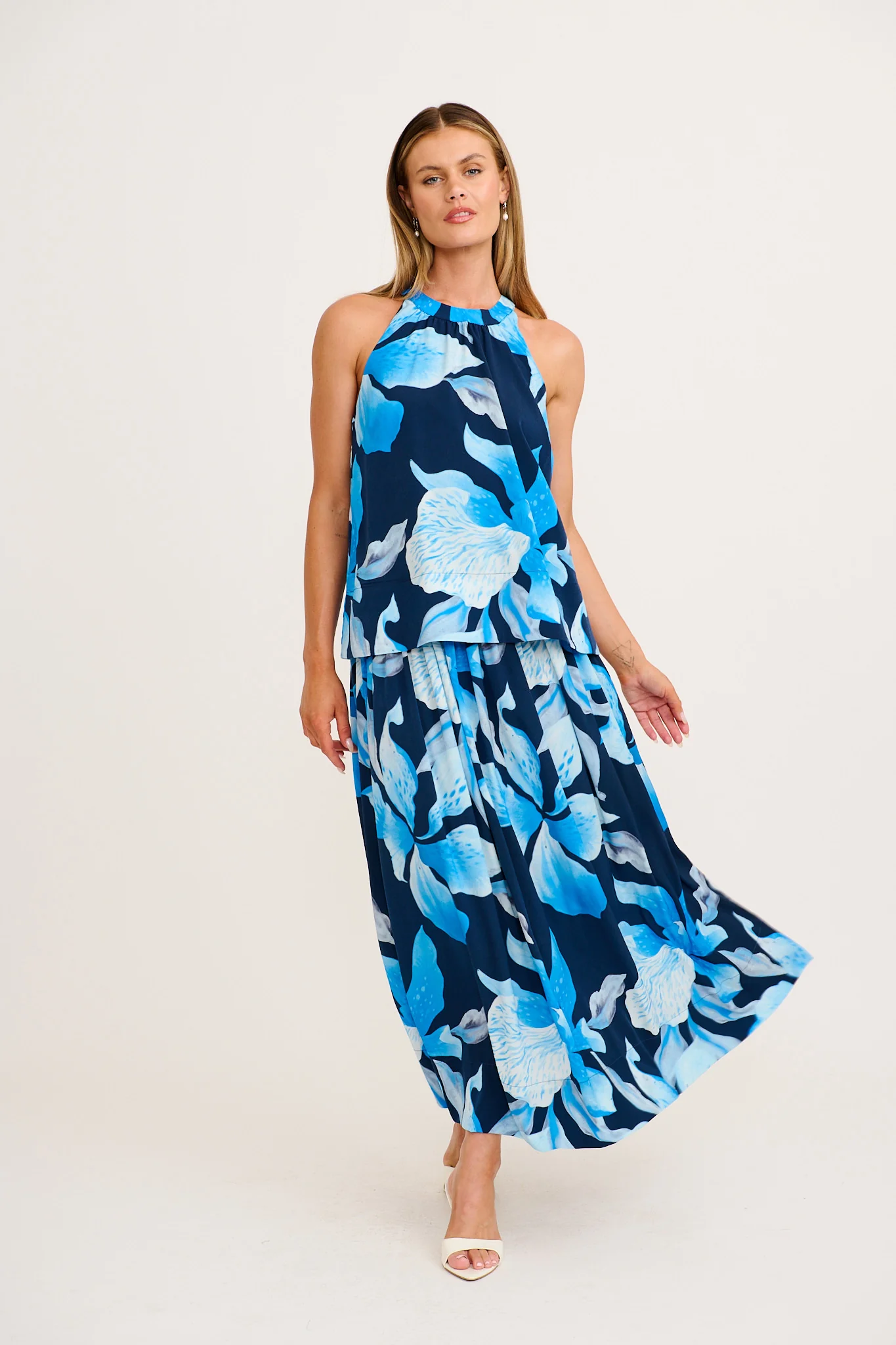 Dreambound Maxi Skirt in Navy with Blue Floral - Image 5