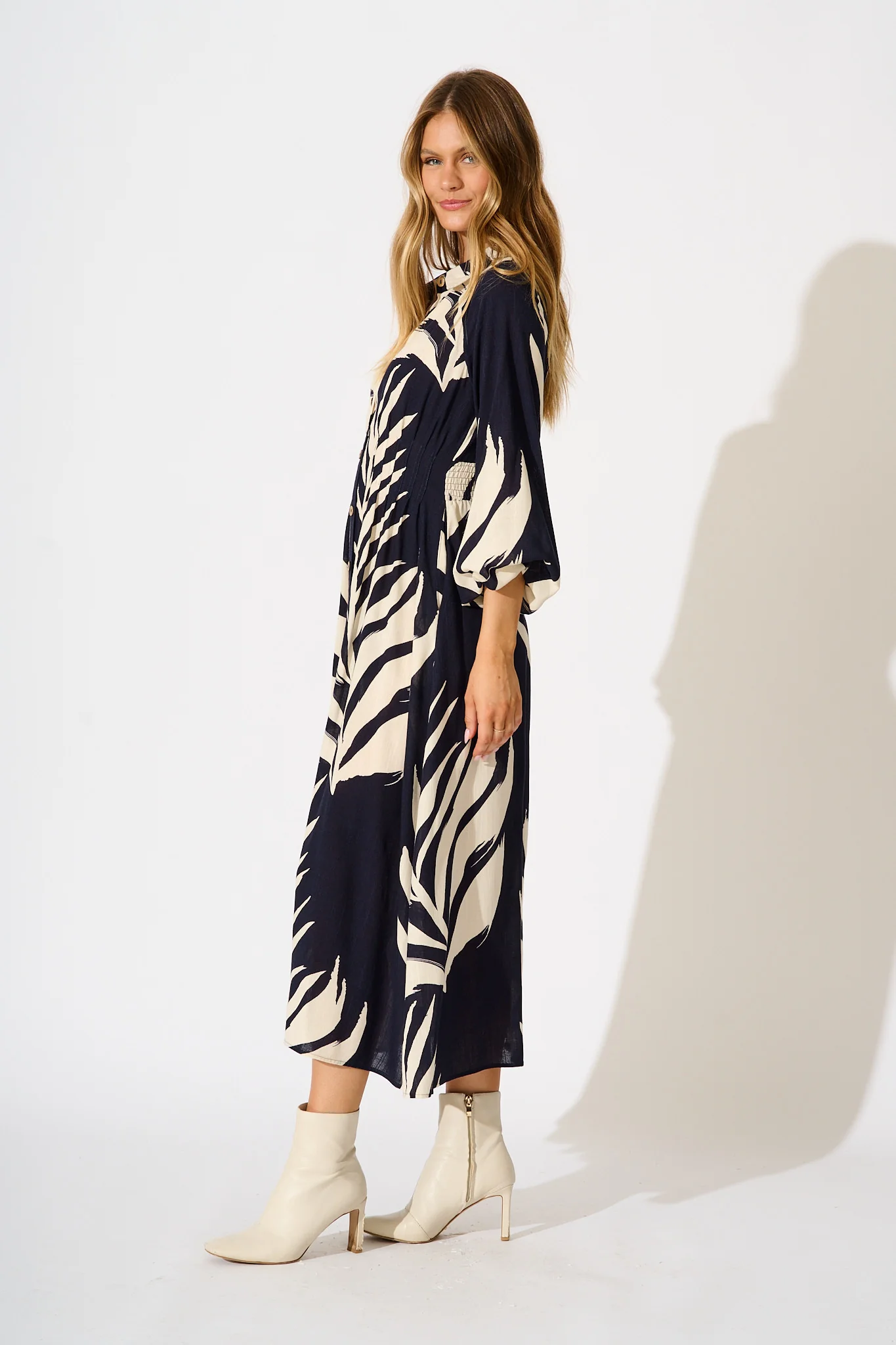 Dreamscape Midi Shirt Dress in Navy and Cream Print - Image 3