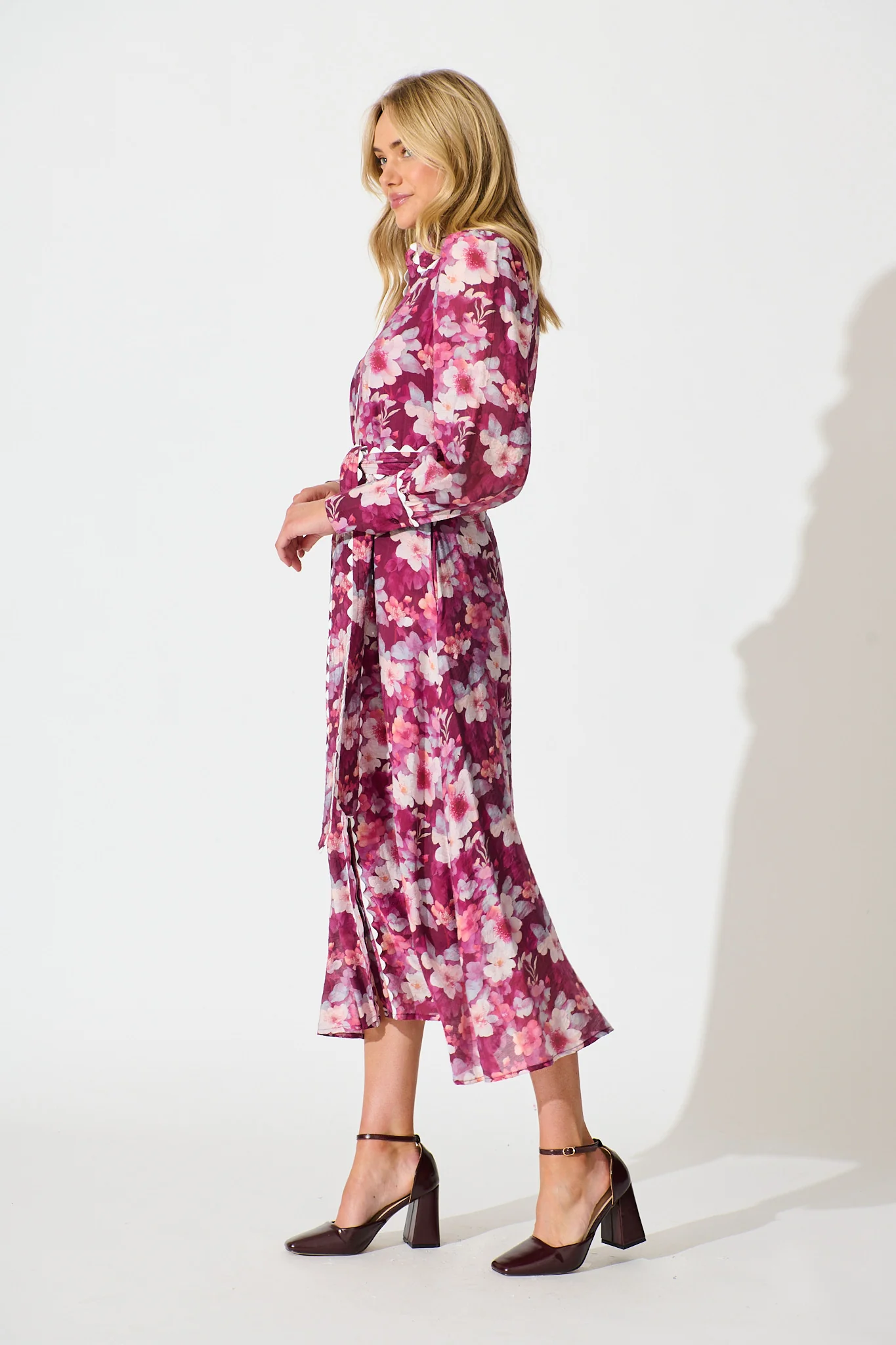 Dreamy Dusk Midi Shirt Dress in Plum Floral - Image 3