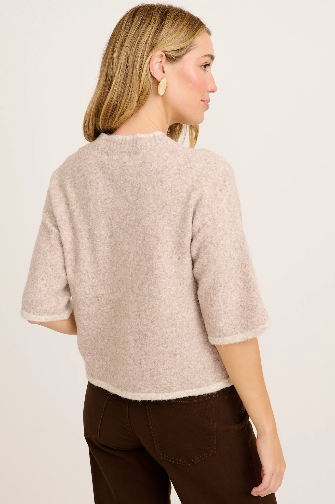 Easy Does It Knit Cardigan in Oatmeal with Chocolate Trim Wool Blend - Image 3