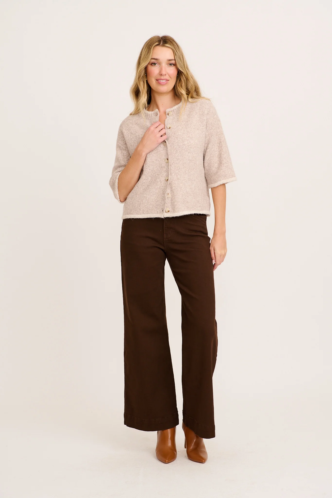Easy Does It Knit Cardigan in Oatmeal with Chocolate Trim Wool Blend - Image 4