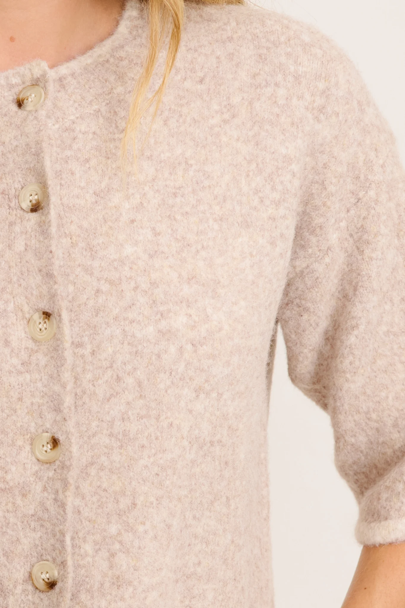 Easy Does It Knit Cardigan in Oatmeal with Chocolate Trim Wool Blend - Image 5