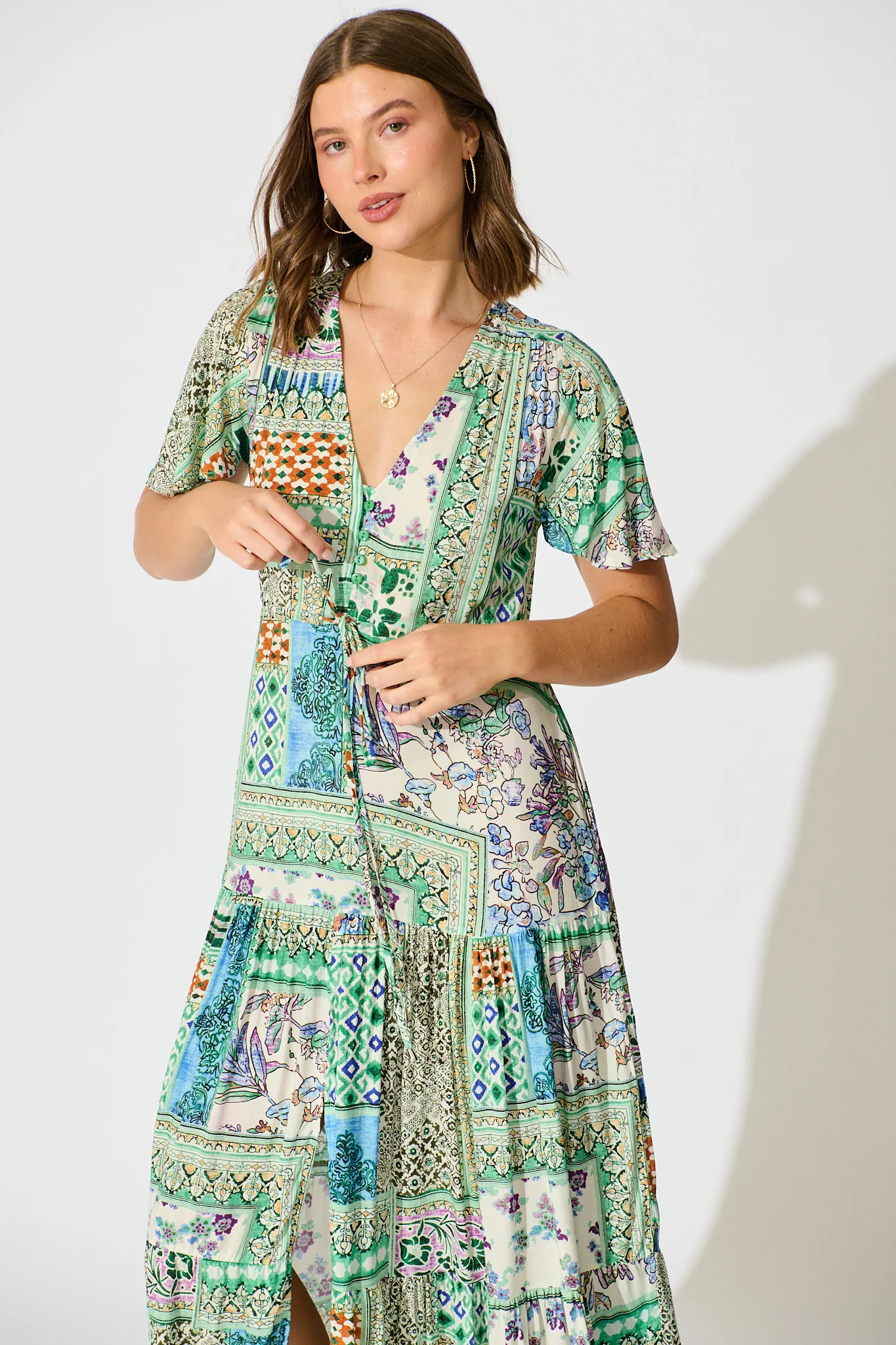 Edda Maxi Dress in Green Multi Patchwork - Image 2
