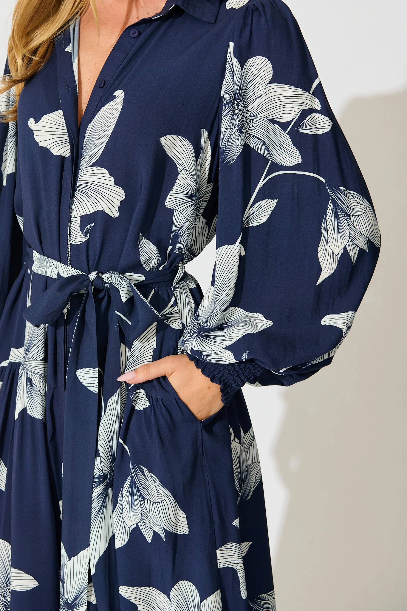 Eden Mist Midi Shirt Dress in Navy with White Floral Print - Image 5