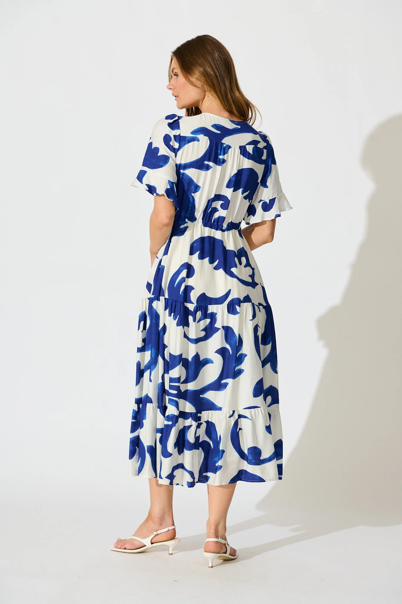 Effia Midi Dress in Blue and White Leaf Print - Image 4