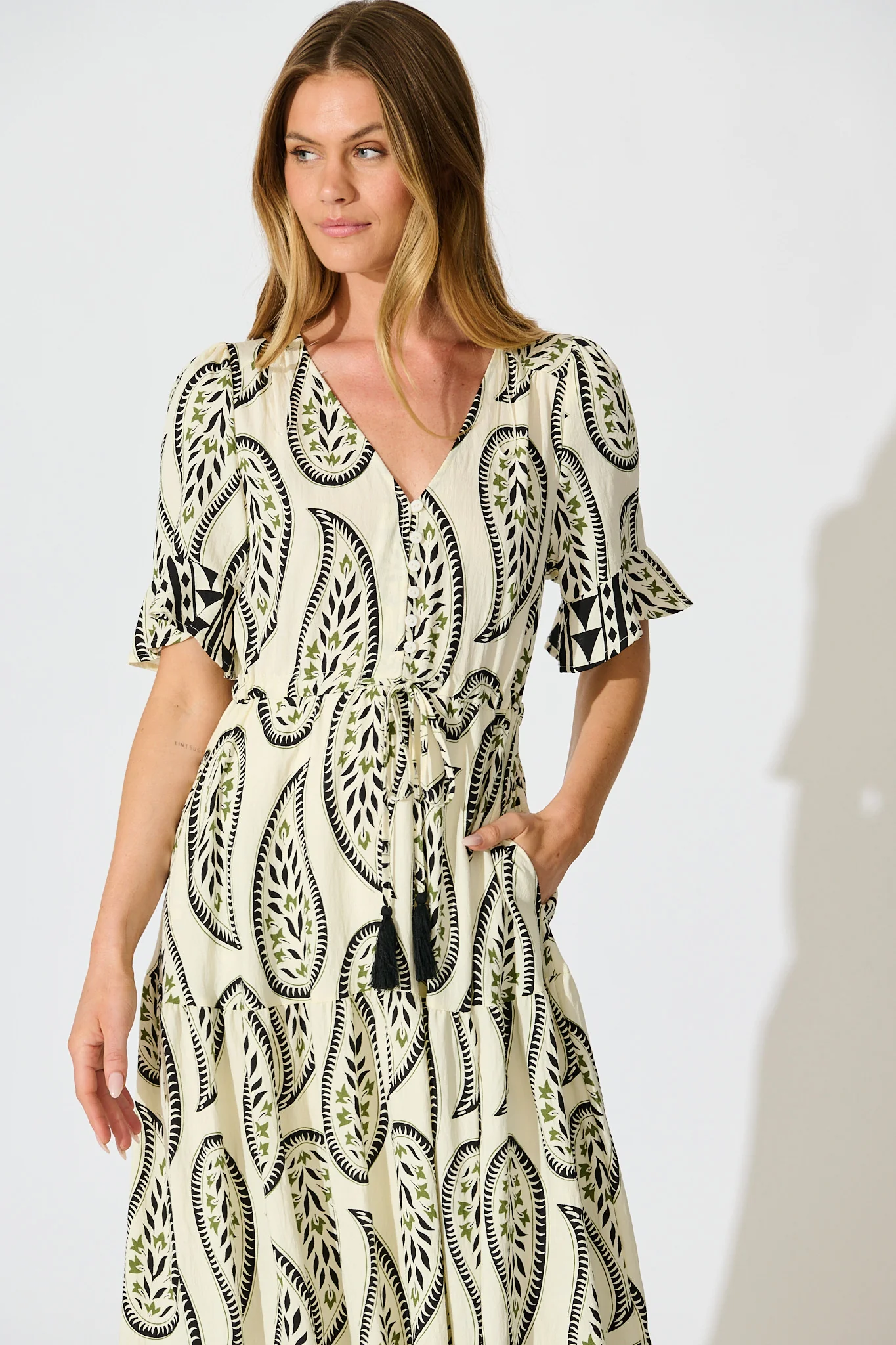 Effia Midi Dress in White with Black Paisley Print - Image 2