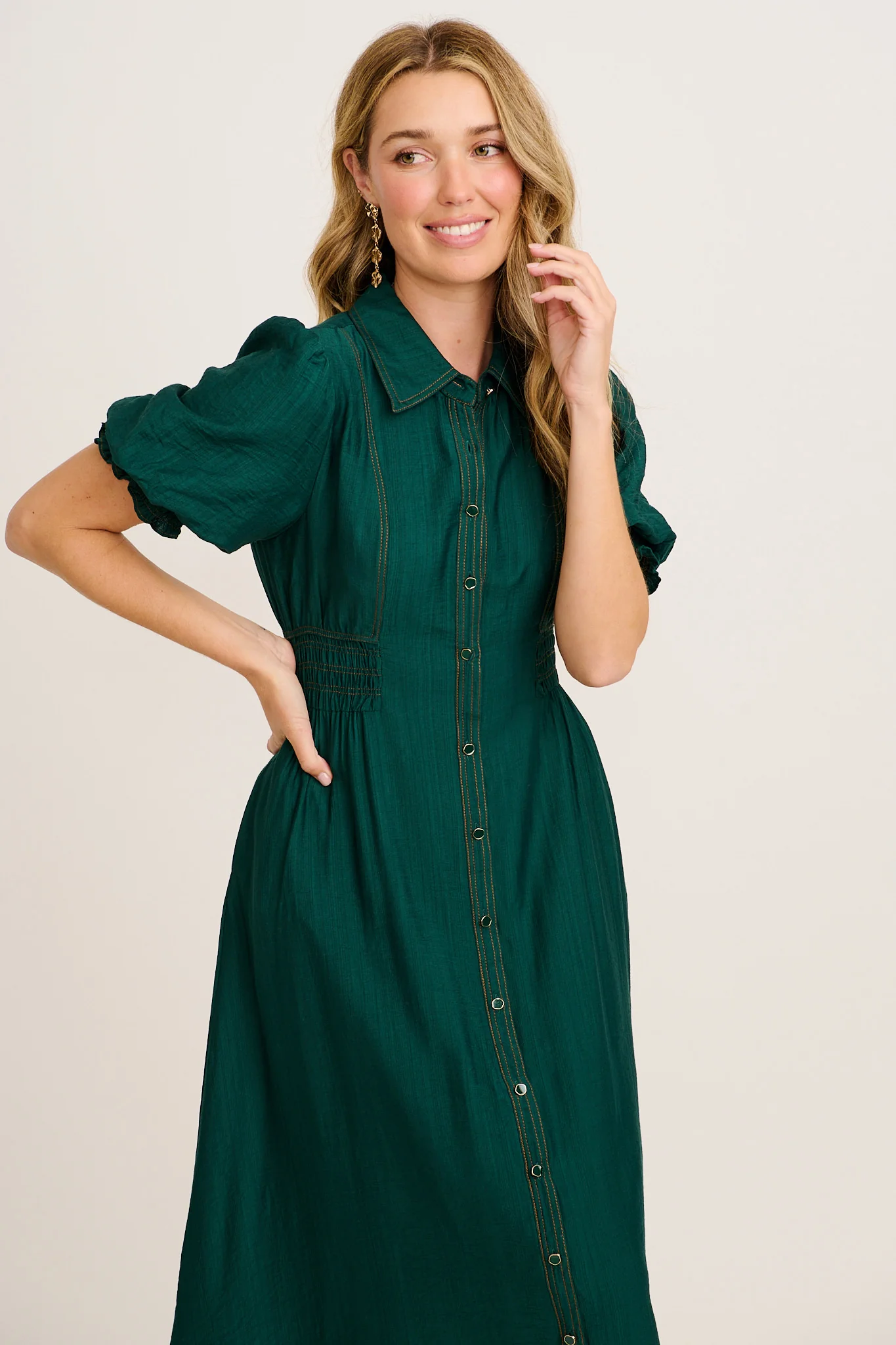 Elana Midi Shirt Dress in Green - Image 2