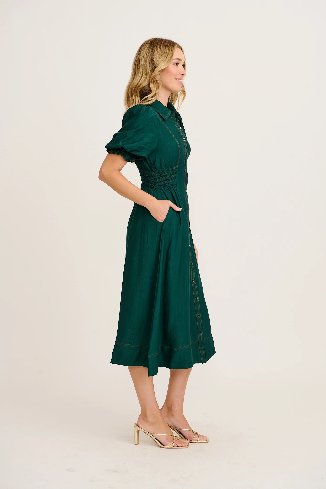 Elana Midi Shirt Dress in Green - Image 3