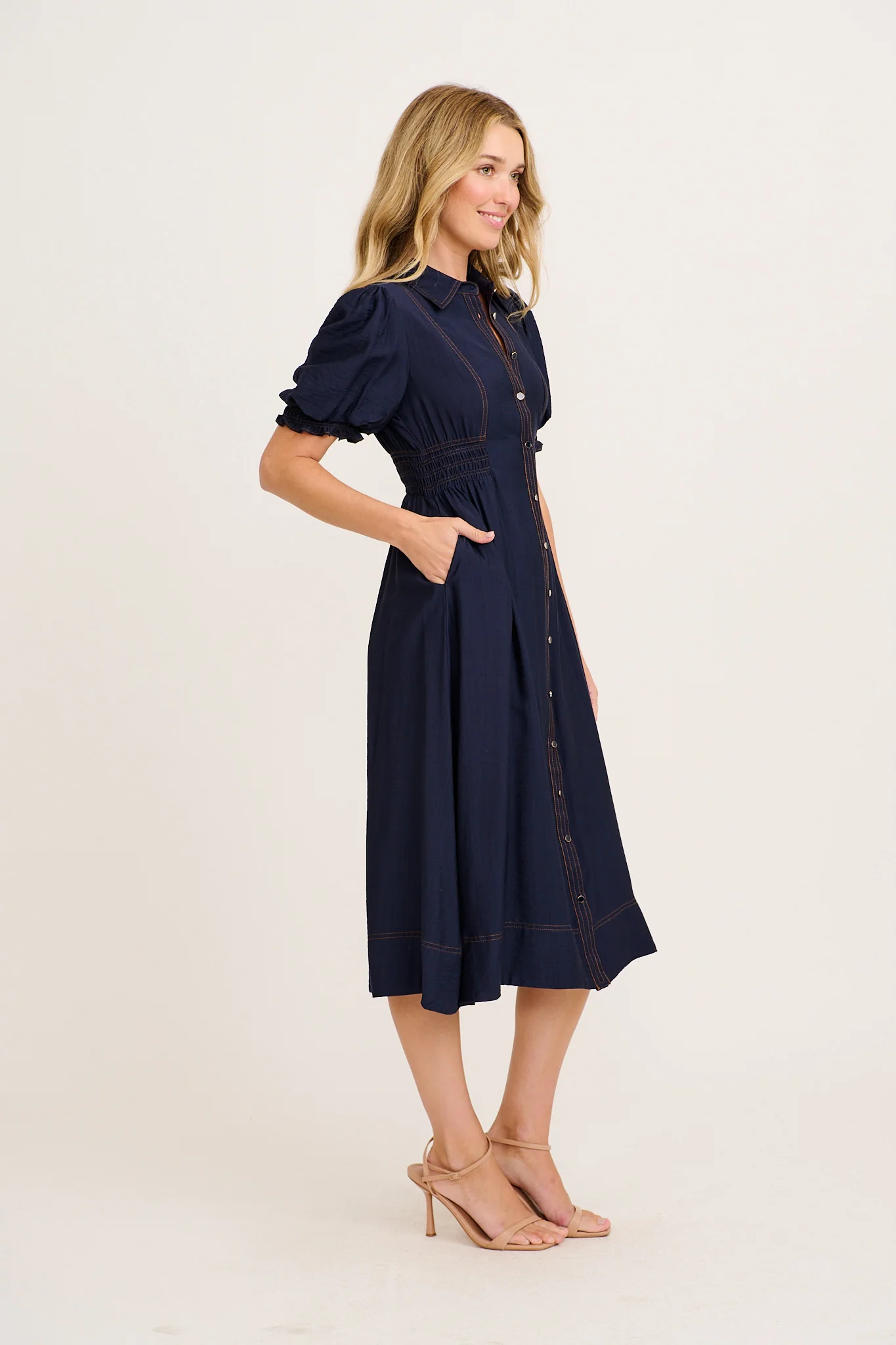 Elana Midi Shirt Dress in Navy - Image 3