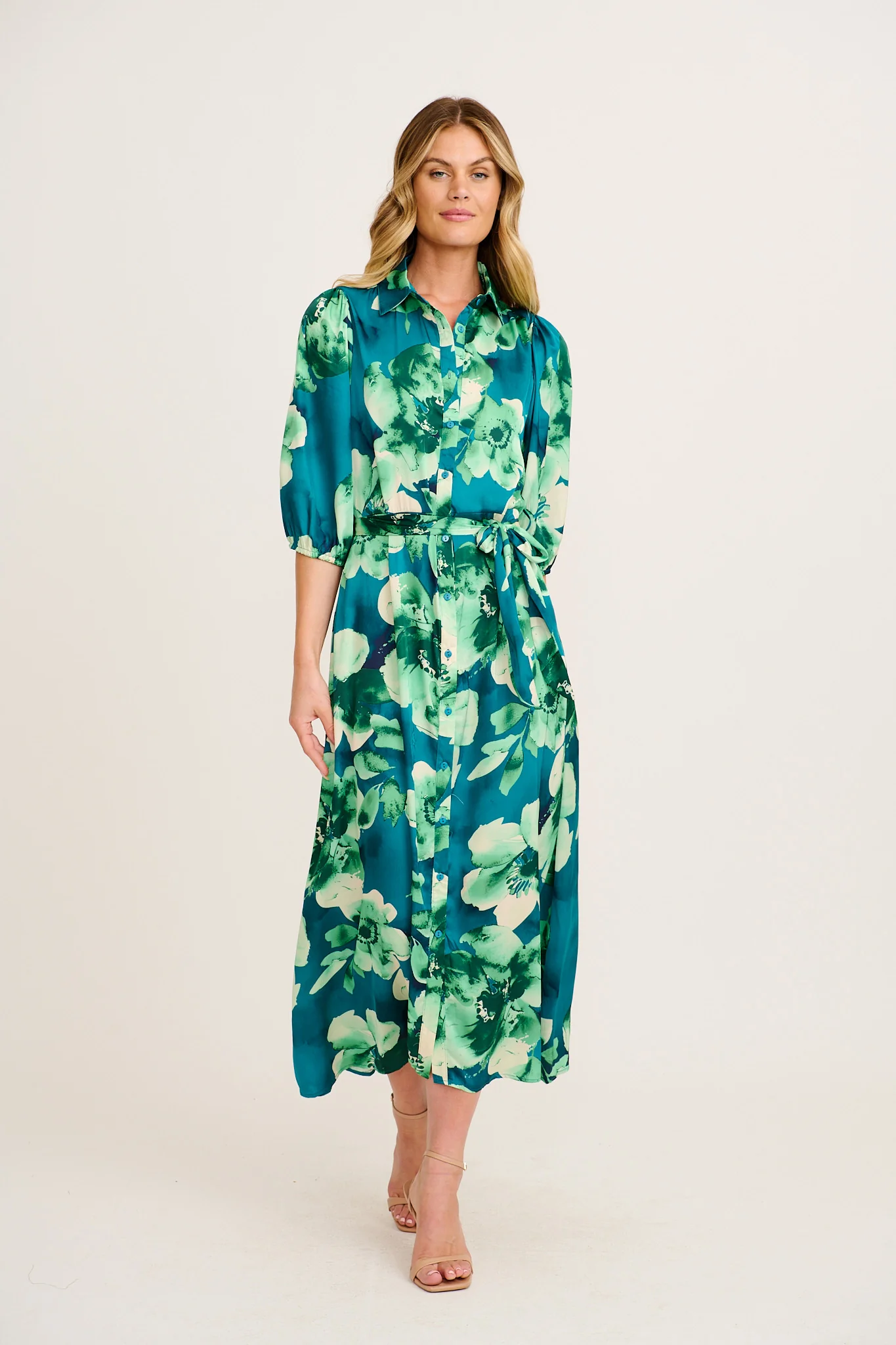 Elevation Maxi Shirt Dress in Emerald Floral Satin