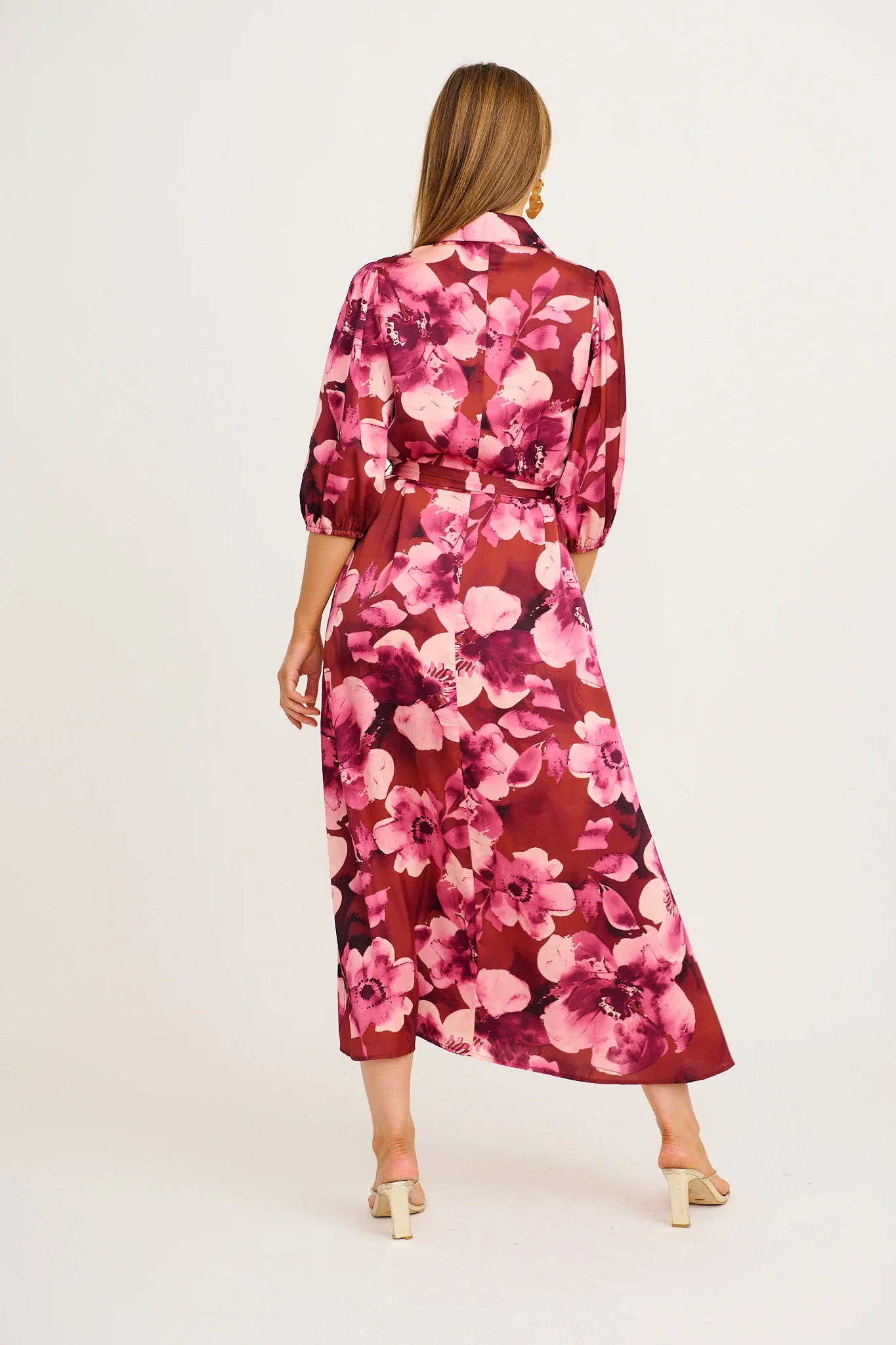 Elevation Maxi Shirt Dress in Wine with Blush Floral Satin - Image 9