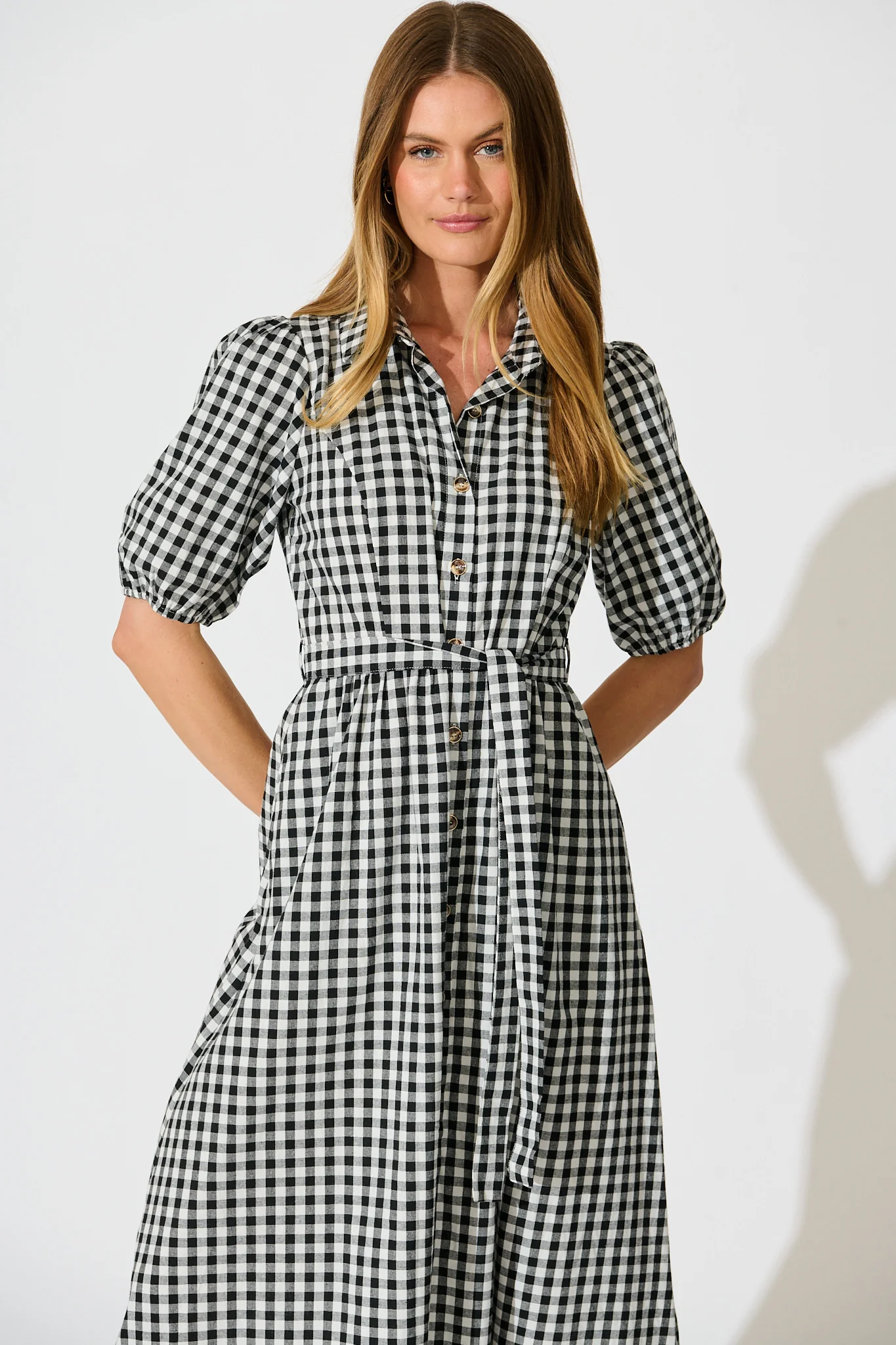 Elianna Midi Shirt Dress in Black and White Gingham Cotton - Image 2