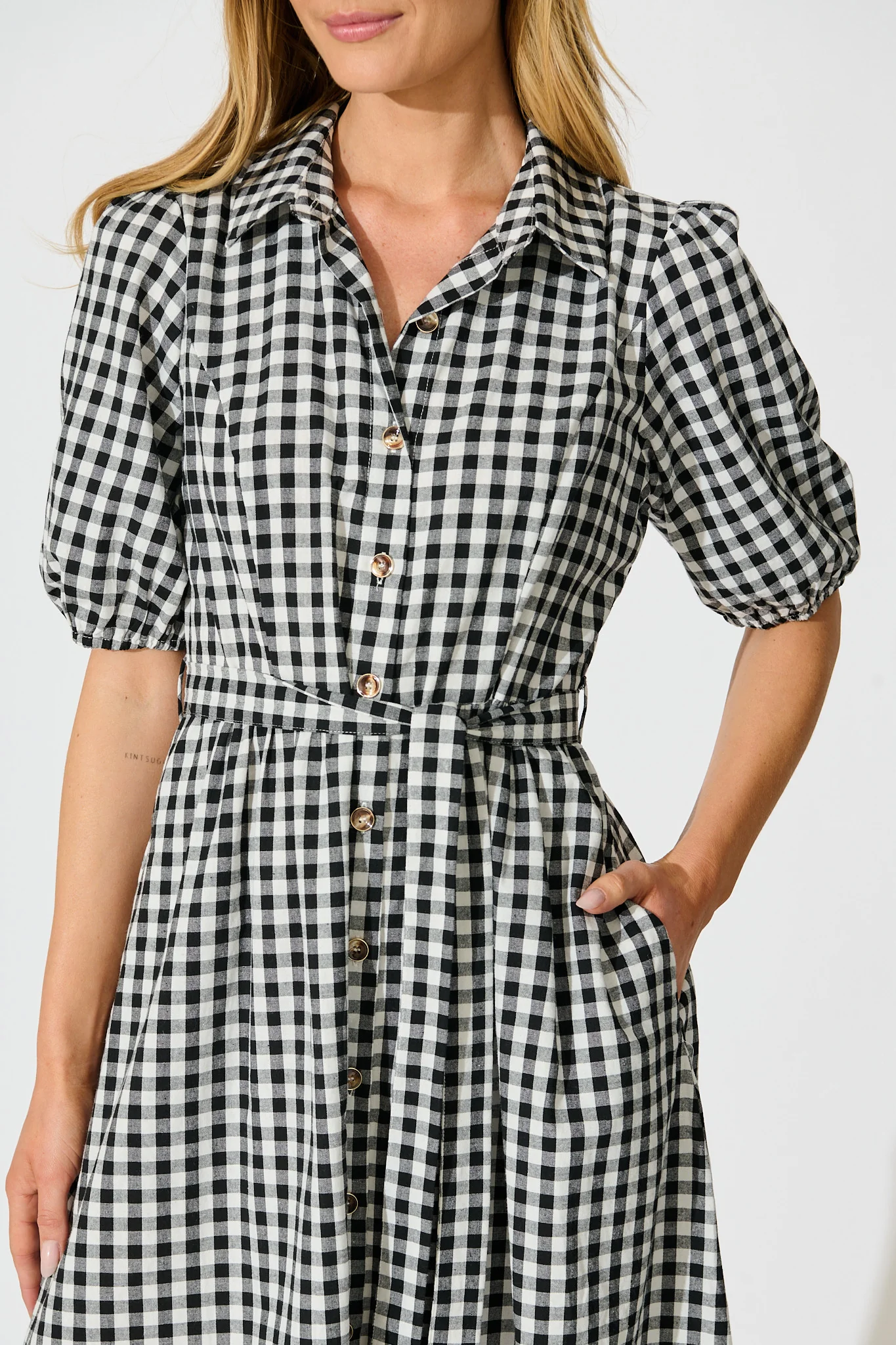 Elianna Midi Shirt Dress in Black and White Gingham Cotton - Image 5