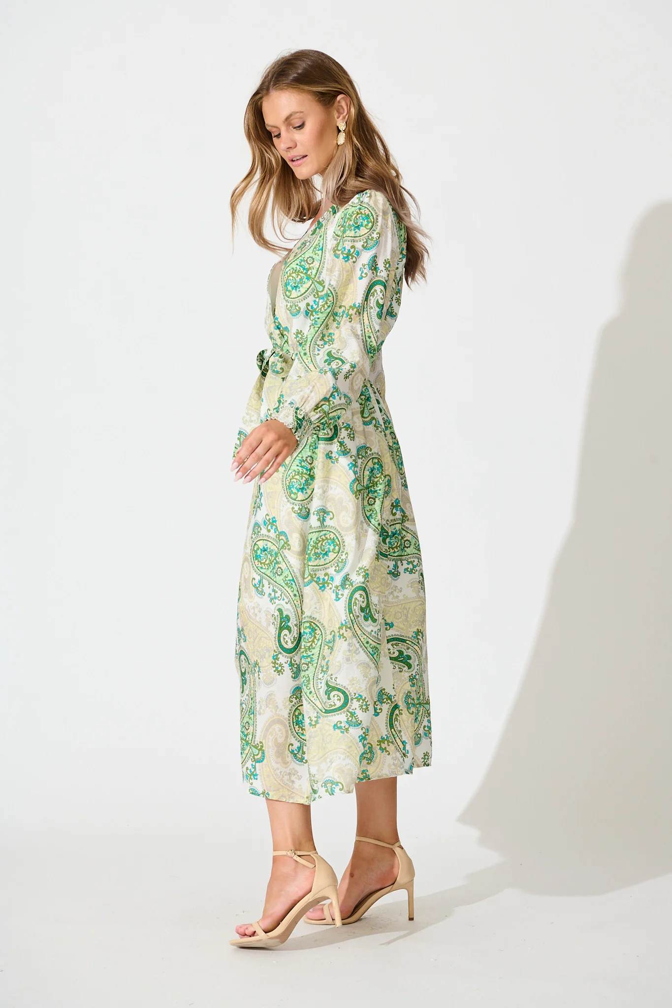 Eliza Maxi Dress in White and Green Leaf Print - Image 3
