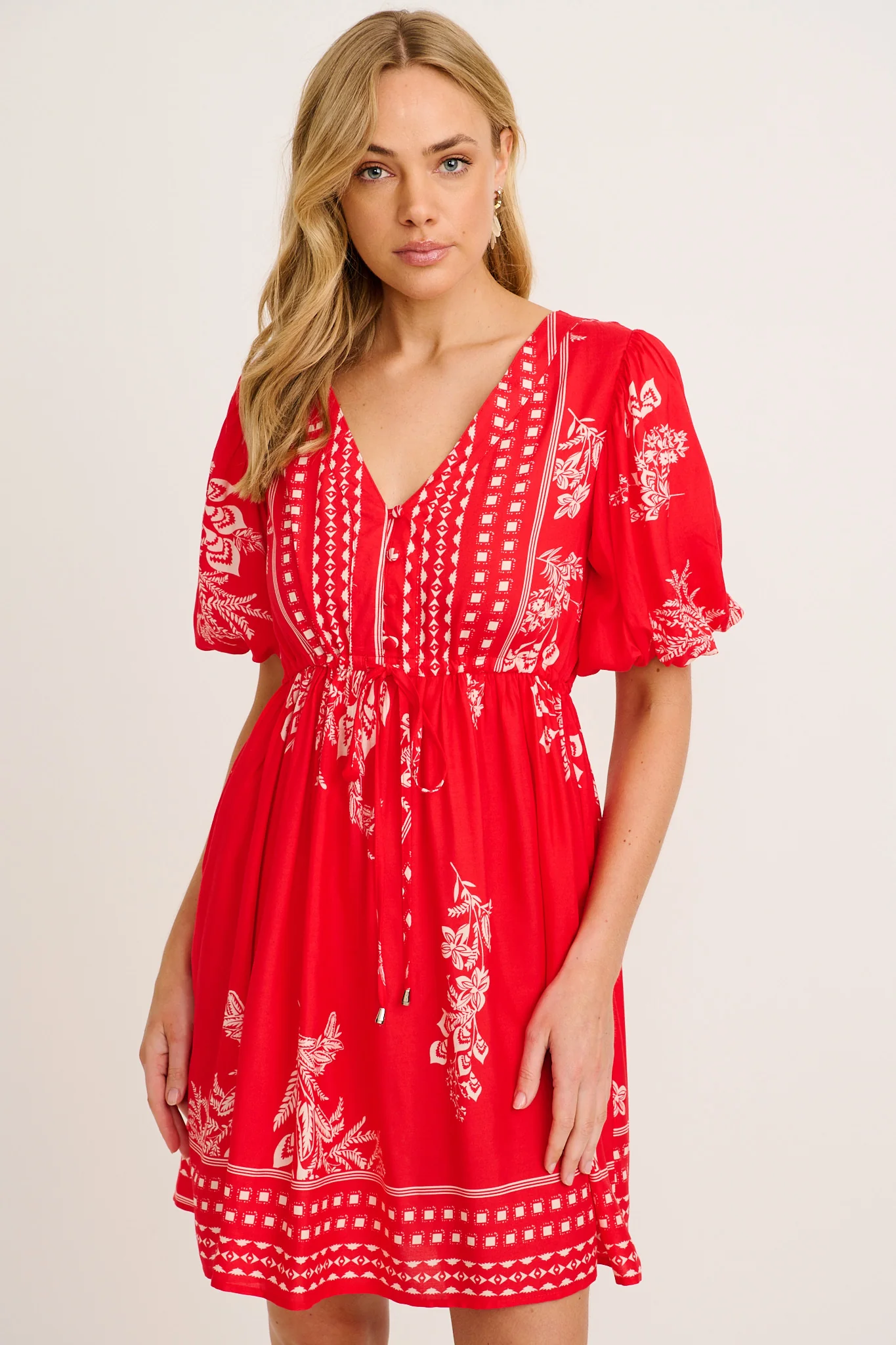 Elka Dress in Red with Cream Leaf Print - Image 2