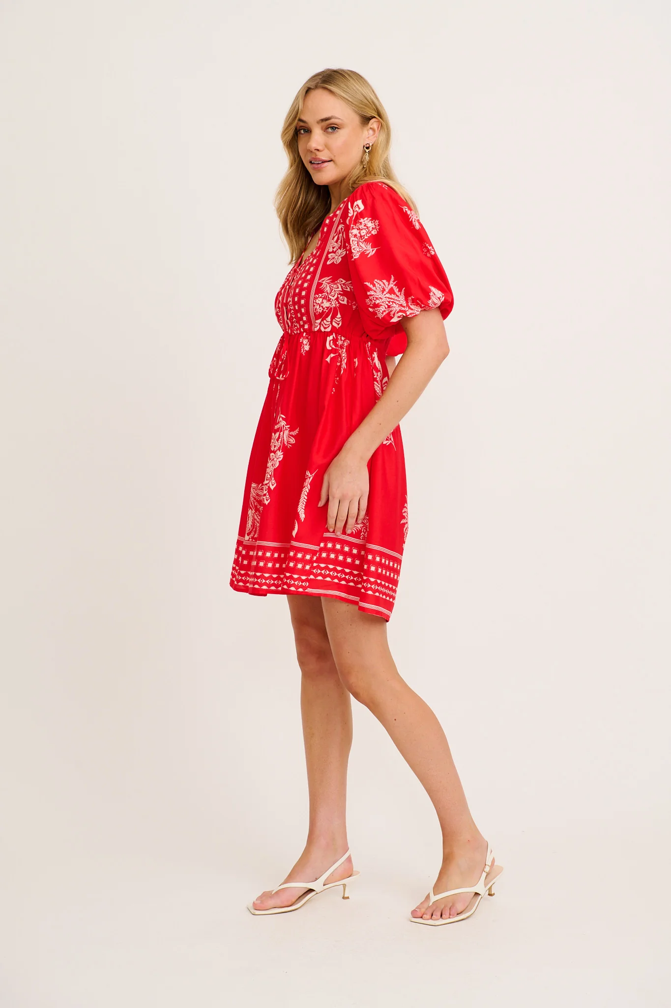 Elka Dress in Red with Cream Leaf Print - Image 3