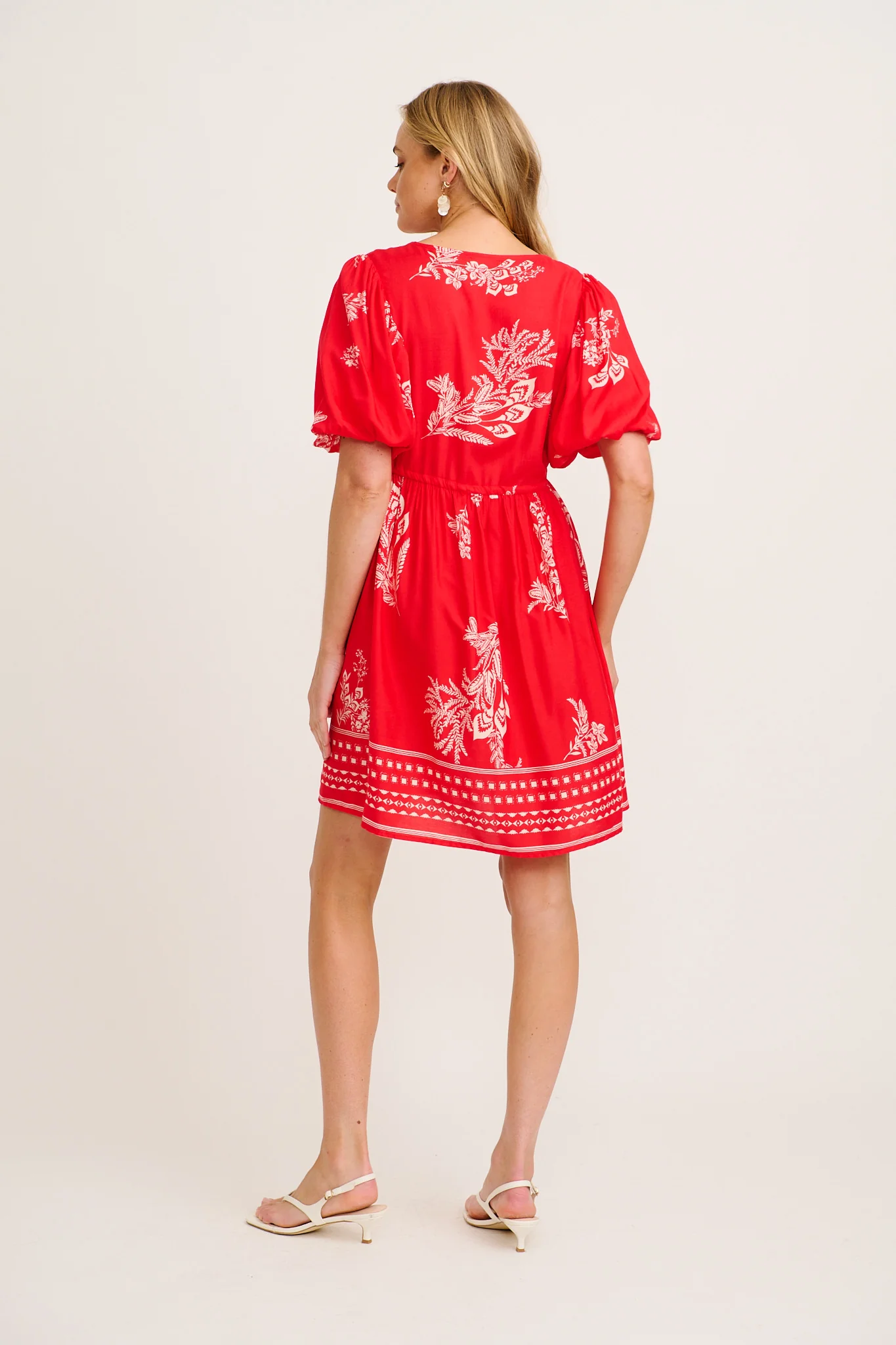 Elka Dress in Red with Cream Leaf Print - Image 4