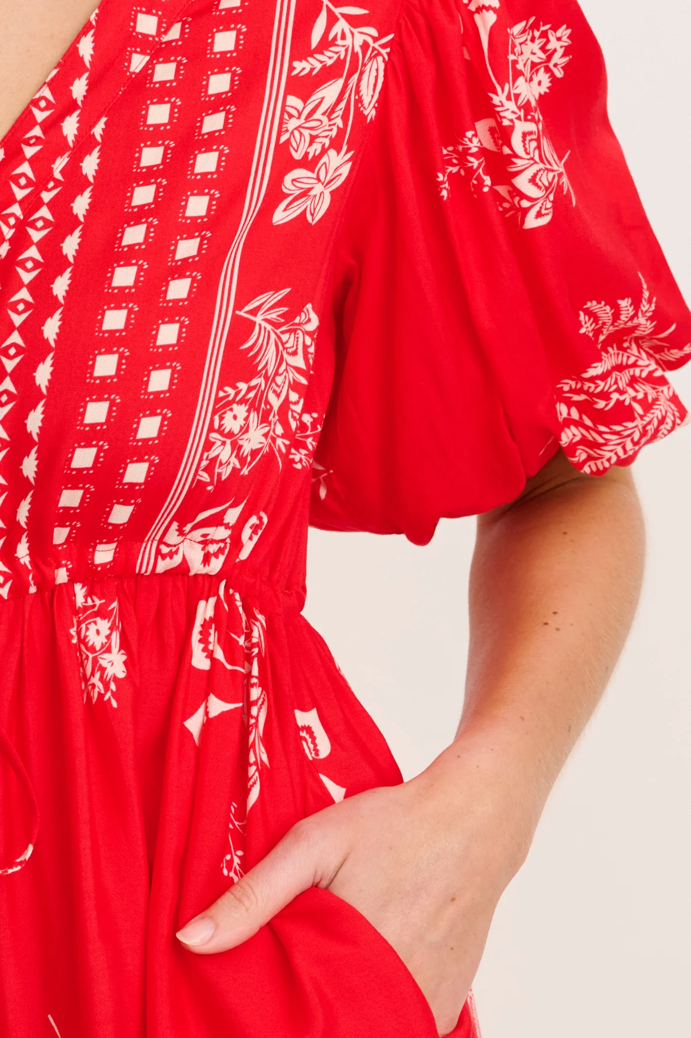 Elka Dress in Red with Cream Leaf Print - Image 5