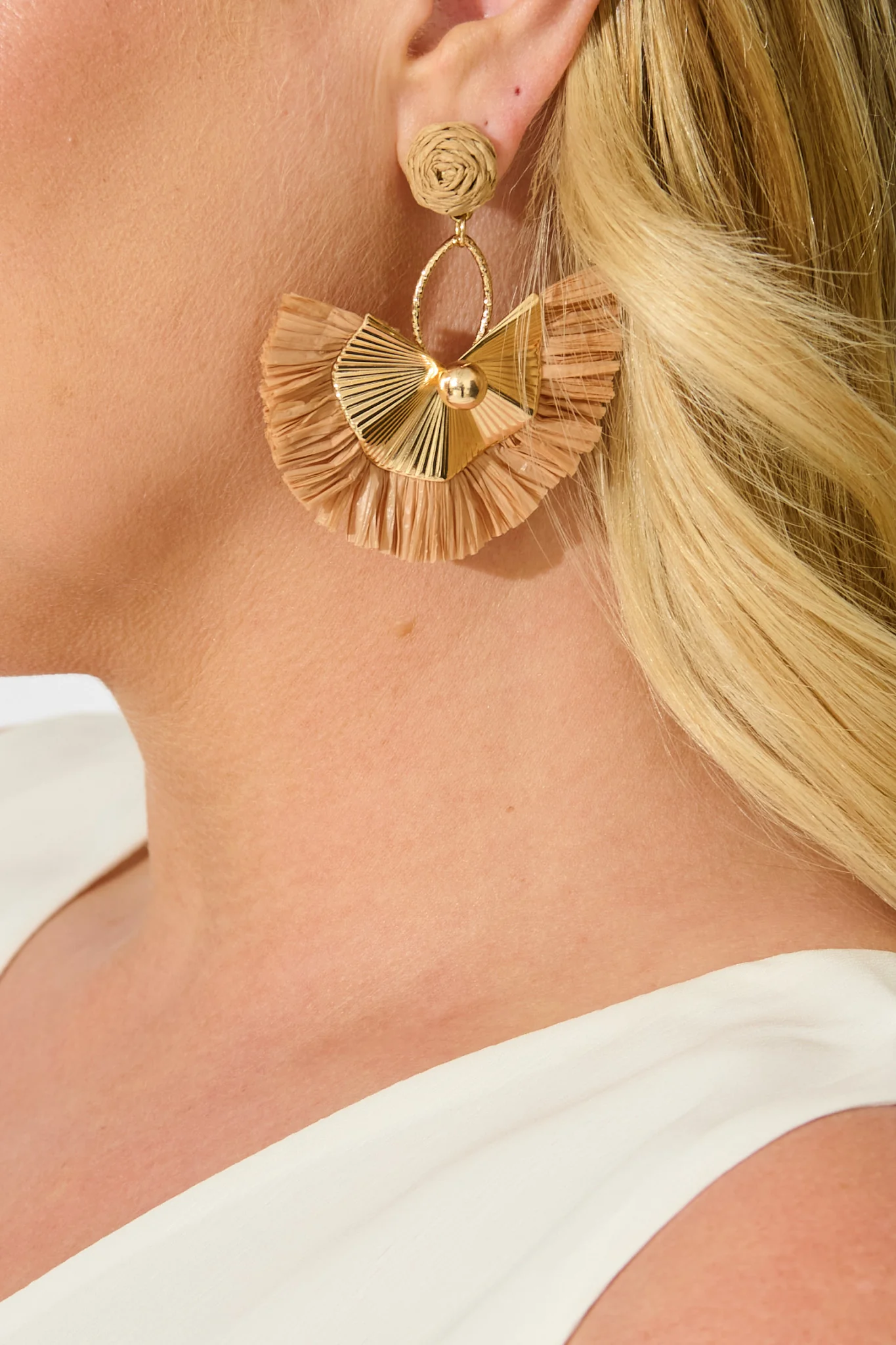 Ella Drop Earrings in Natural Raffia with Gold Accent - Image 7