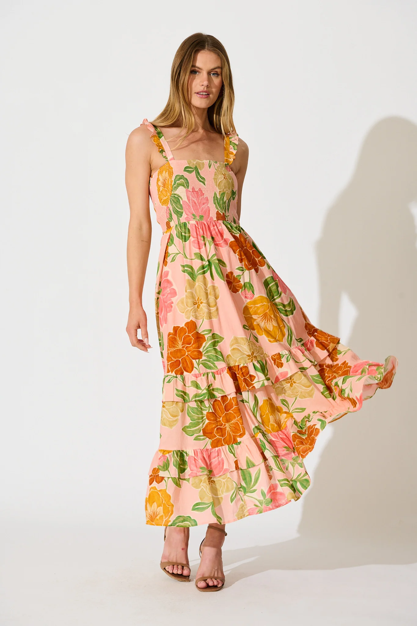 Ellamae Maxi Sundress in Peach Floral Cotton