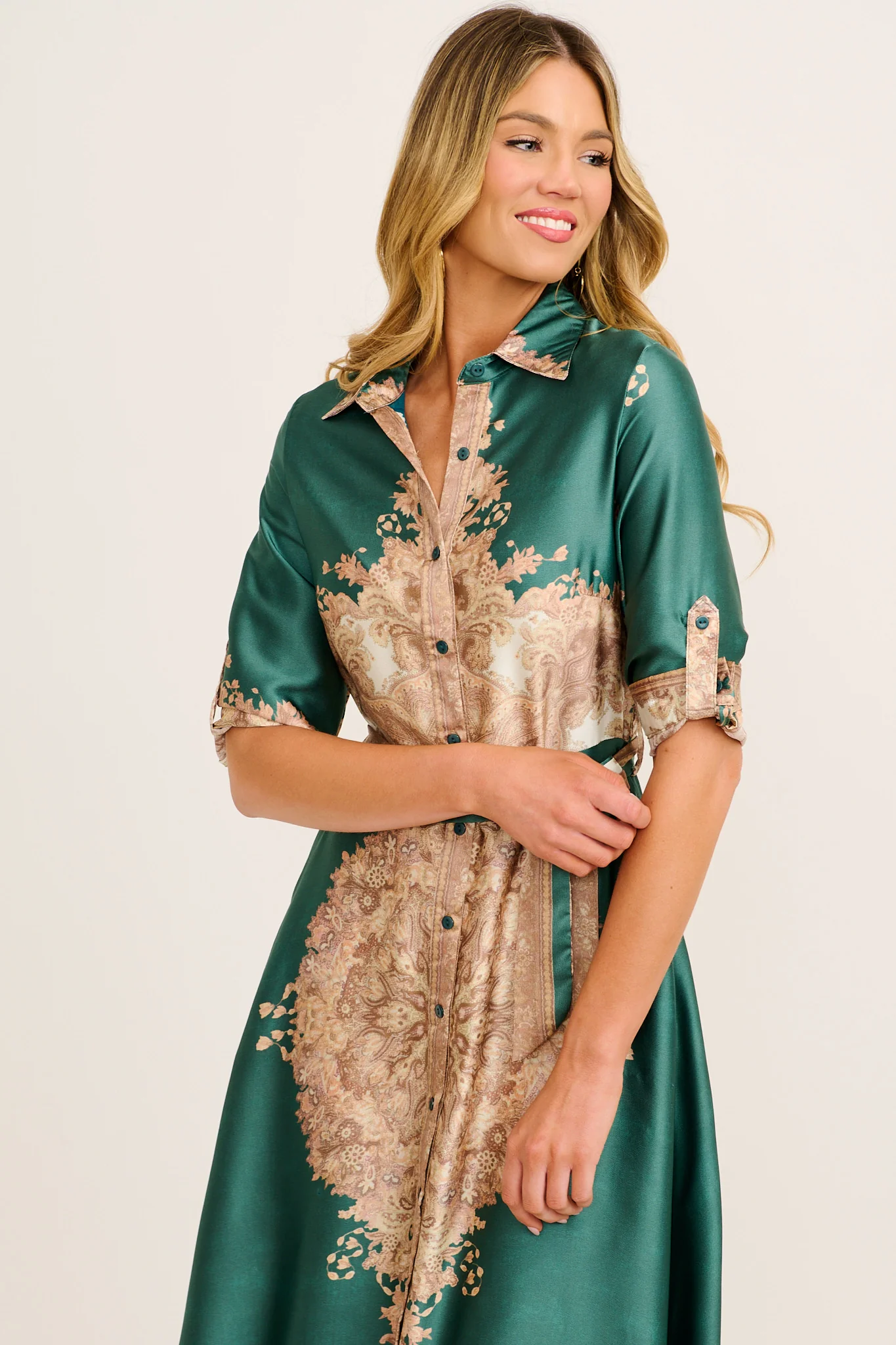Ellen Midi Shirt Dress in Emerald with Multi Placement Satin - Image 2