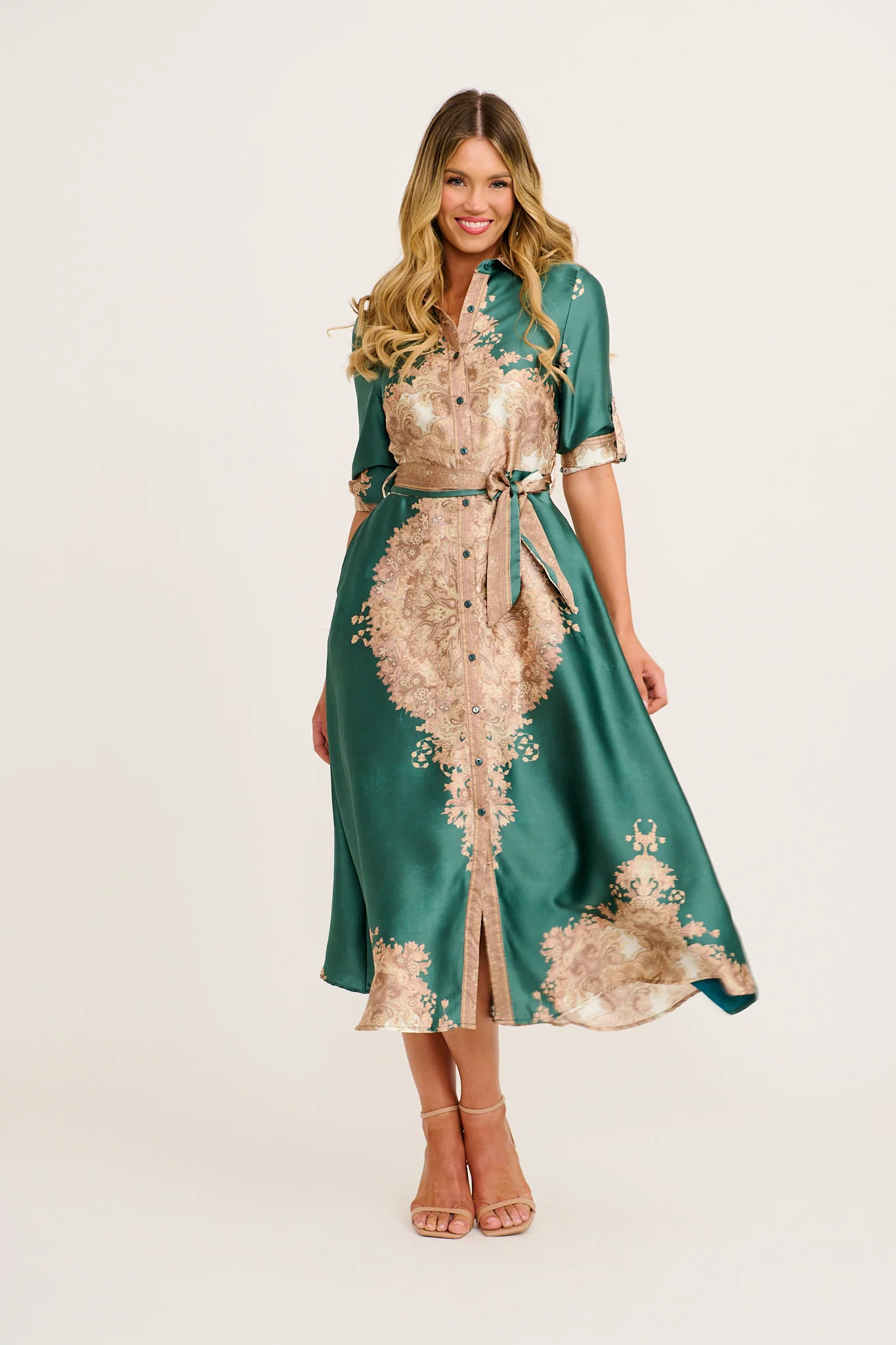 Ellen Midi Shirt Dress in Emerald with Multi Placement Satin - Image 5