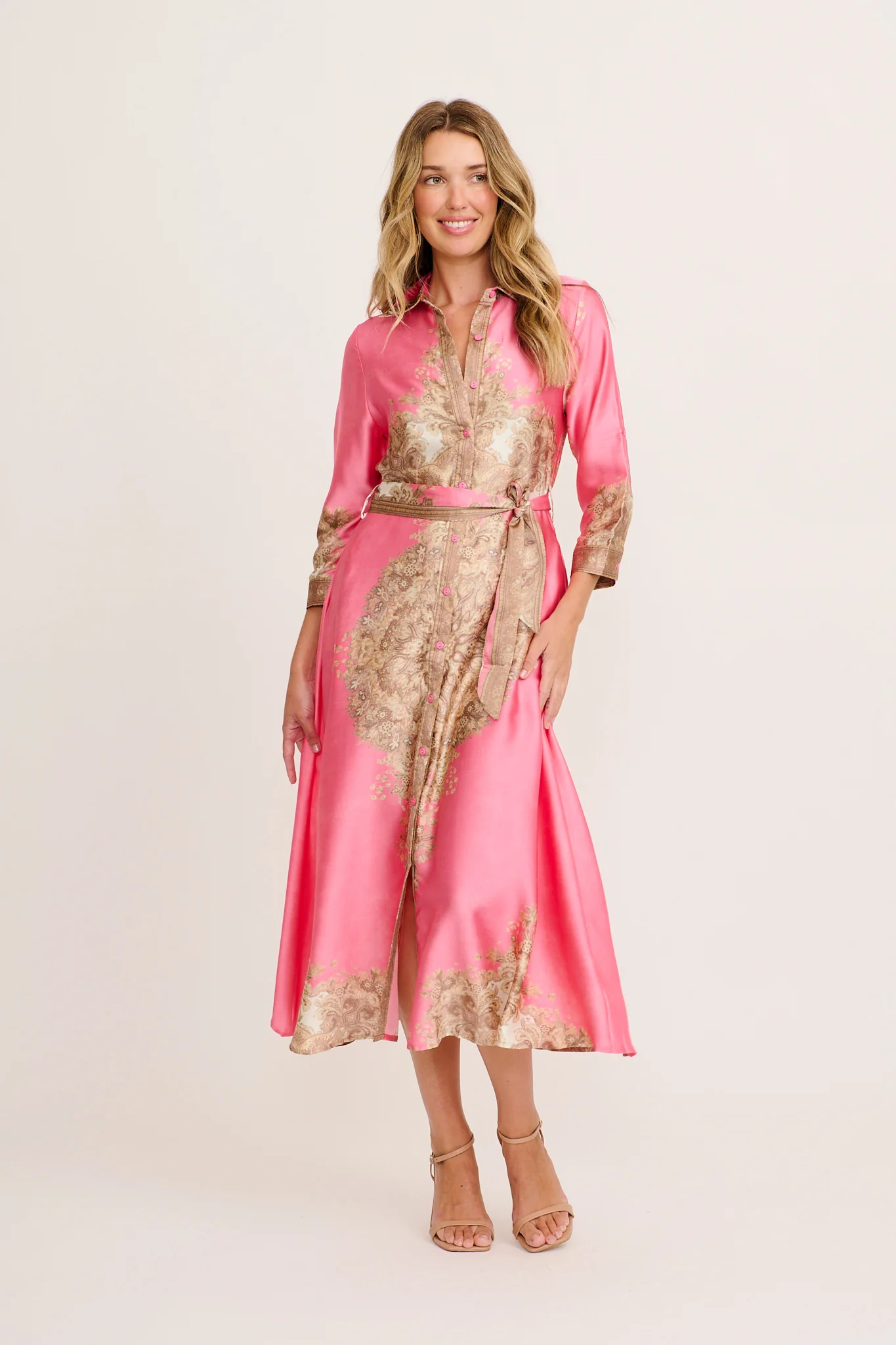Ellen Midi Shirt Dress in Pink with Multi Placement Satin