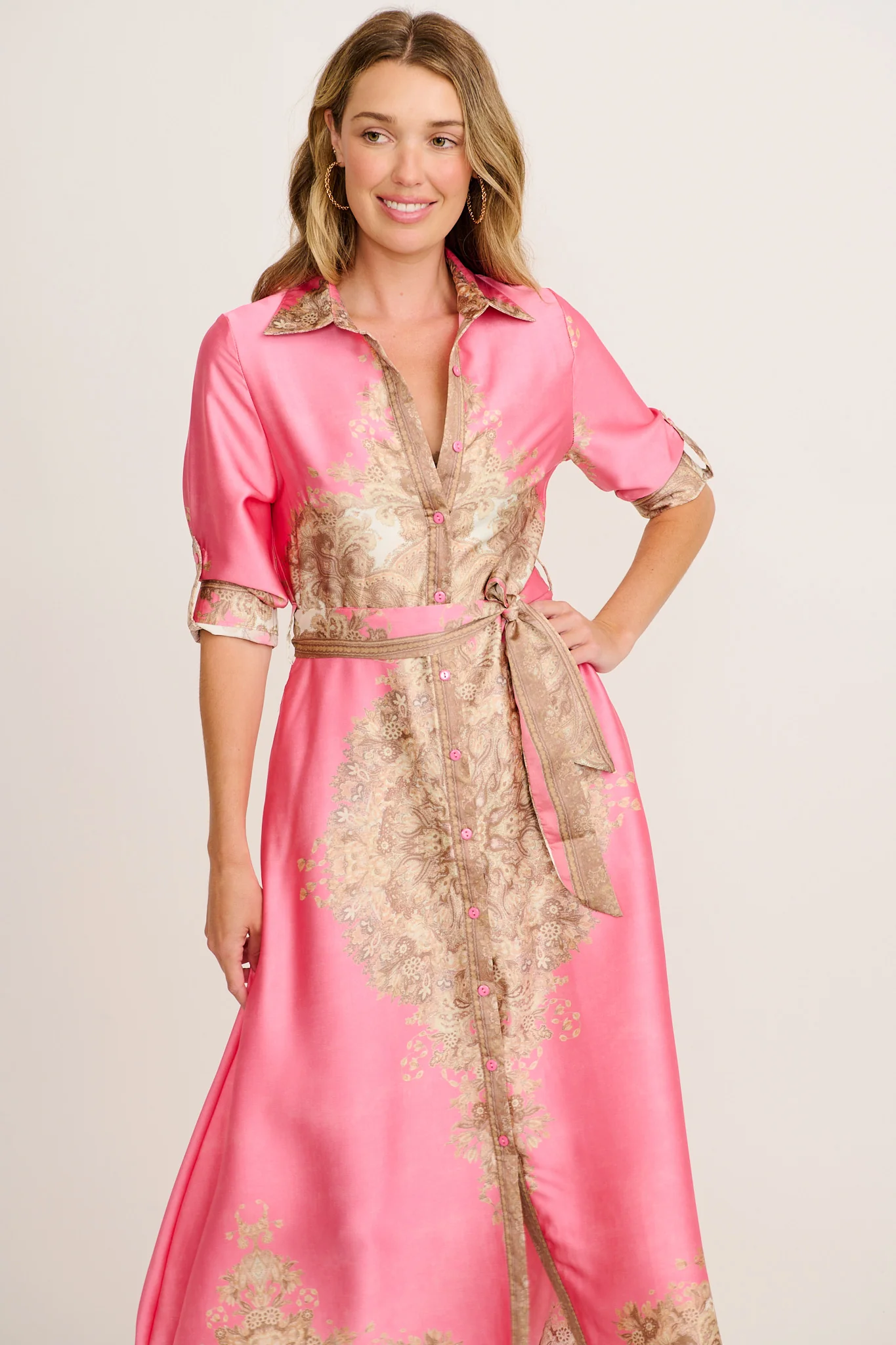 Ellen Midi Shirt Dress in Pink with Multi Placement Satin - Image 2