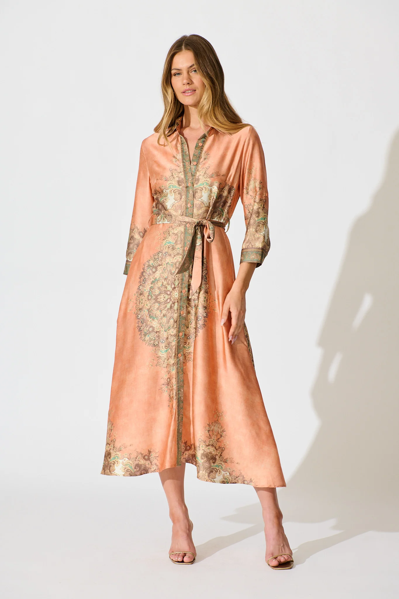 Ellen Midi Shirt Dress in Terracotta with Multi Placement Satin