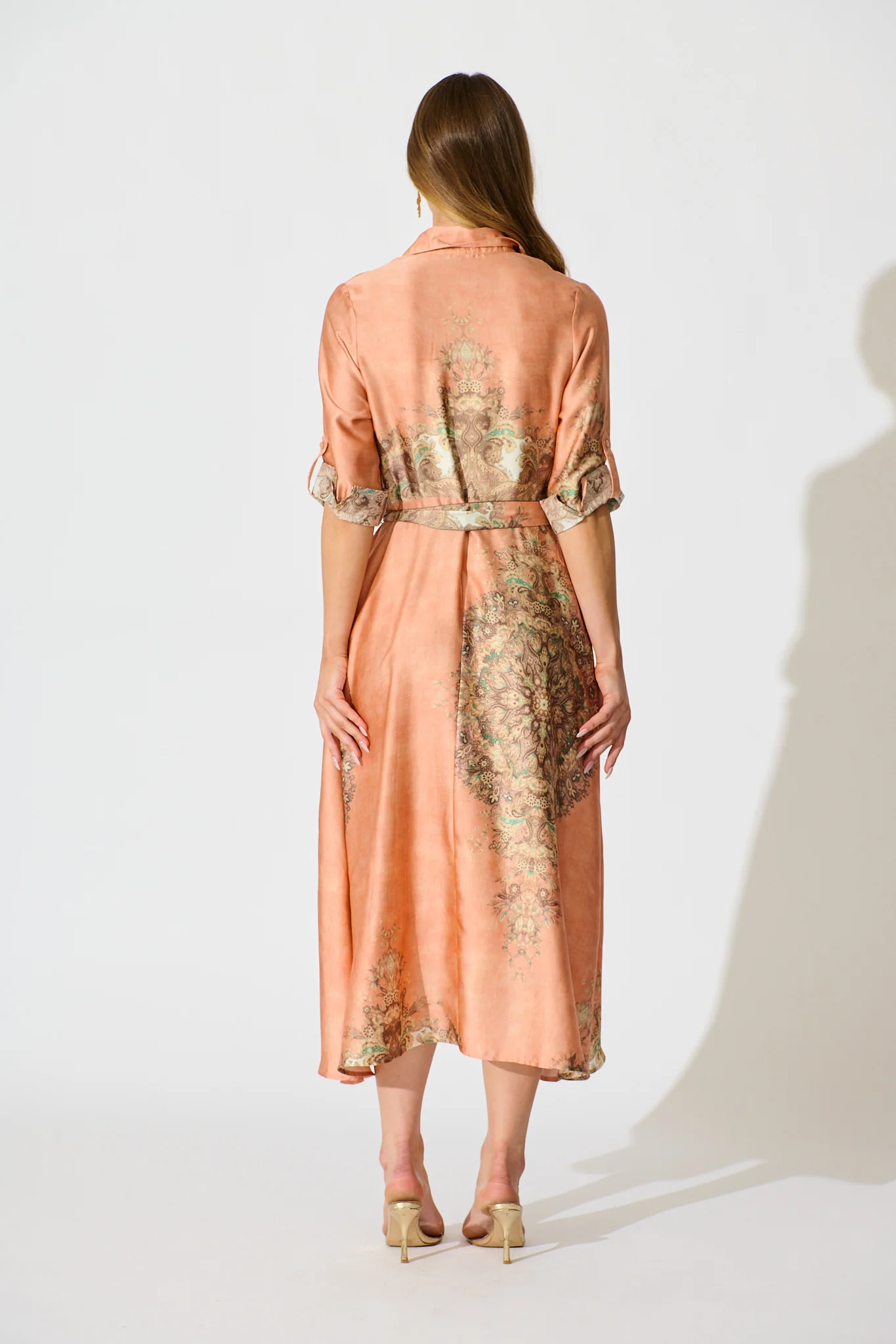 Ellen Midi Shirt Dress in Terracotta with Multi Placement Satin - Image 4