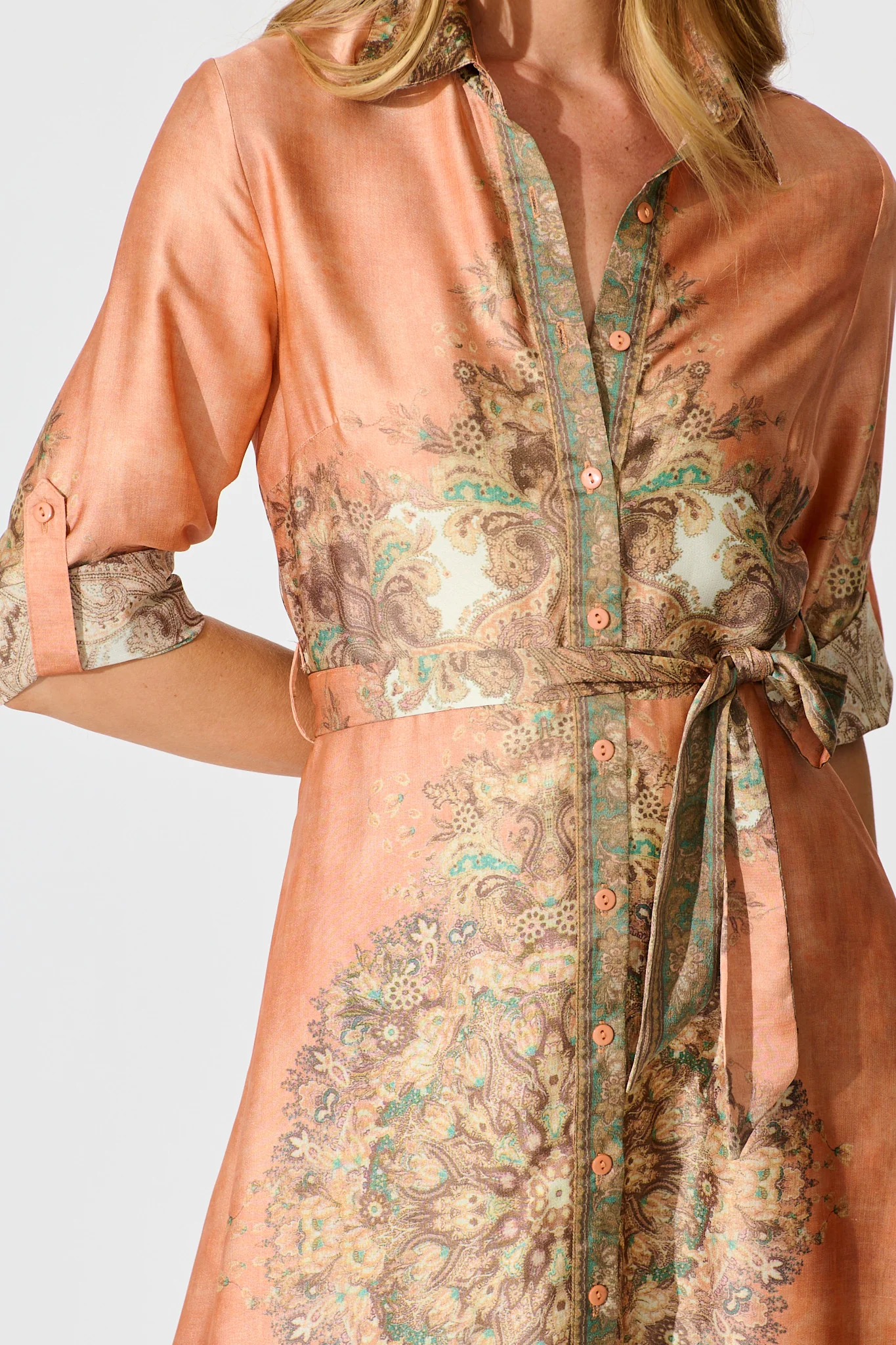 Ellen Midi Shirt Dress in Terracotta with Multi Placement Satin - Image 5