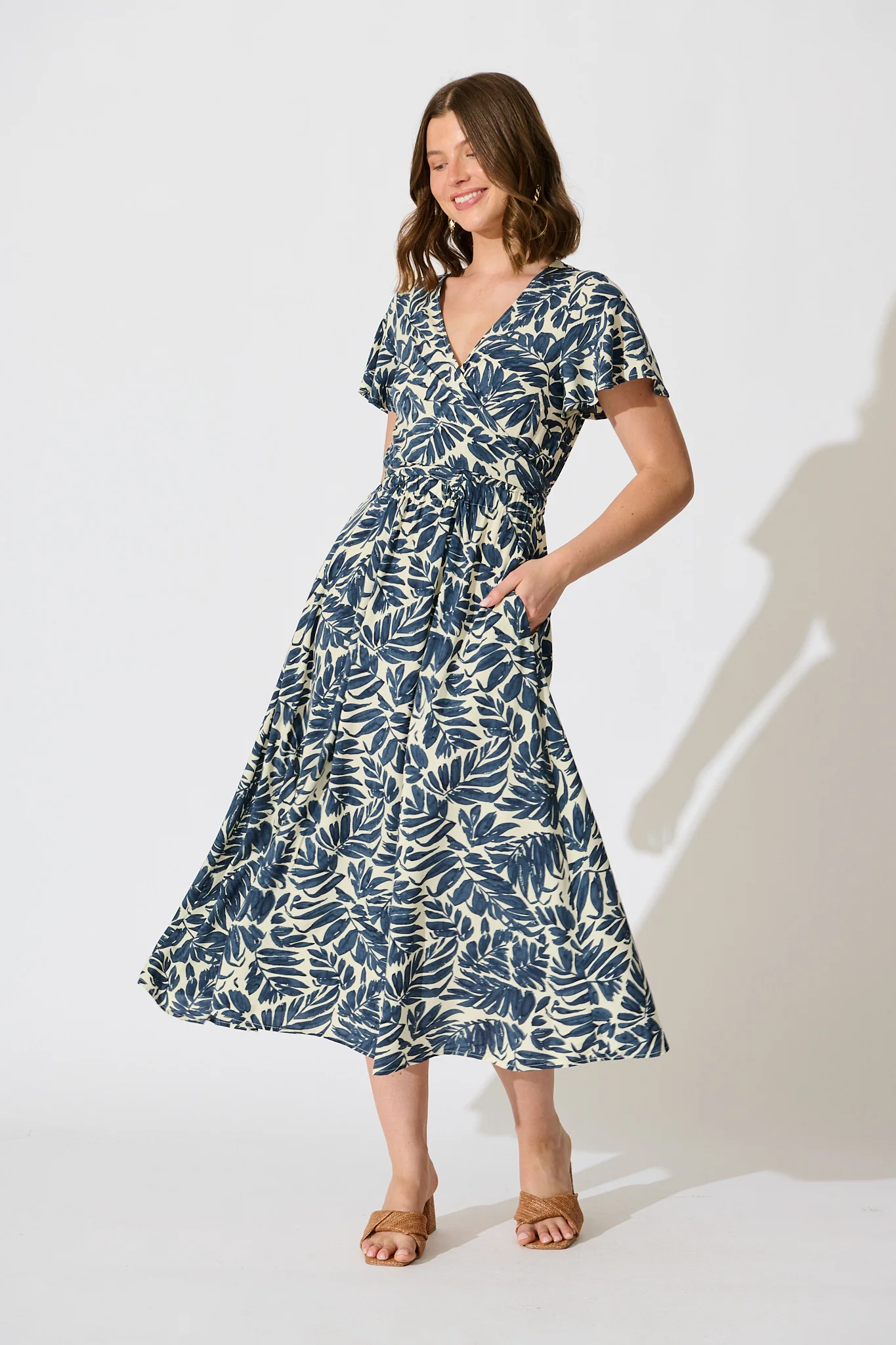 Ellerie Midi Dress in Navy and Cream Leaf Print