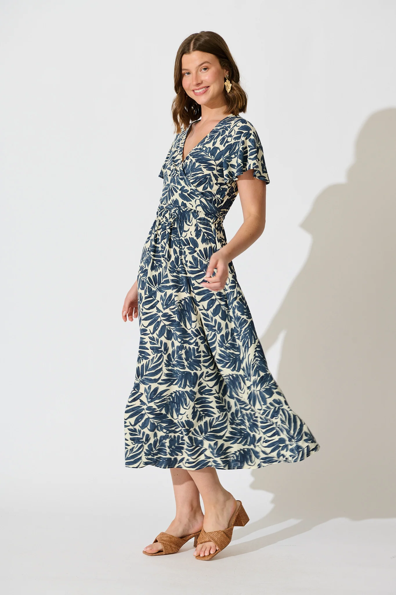 Ellerie Midi Dress in Navy and Cream Leaf Print - Image 3