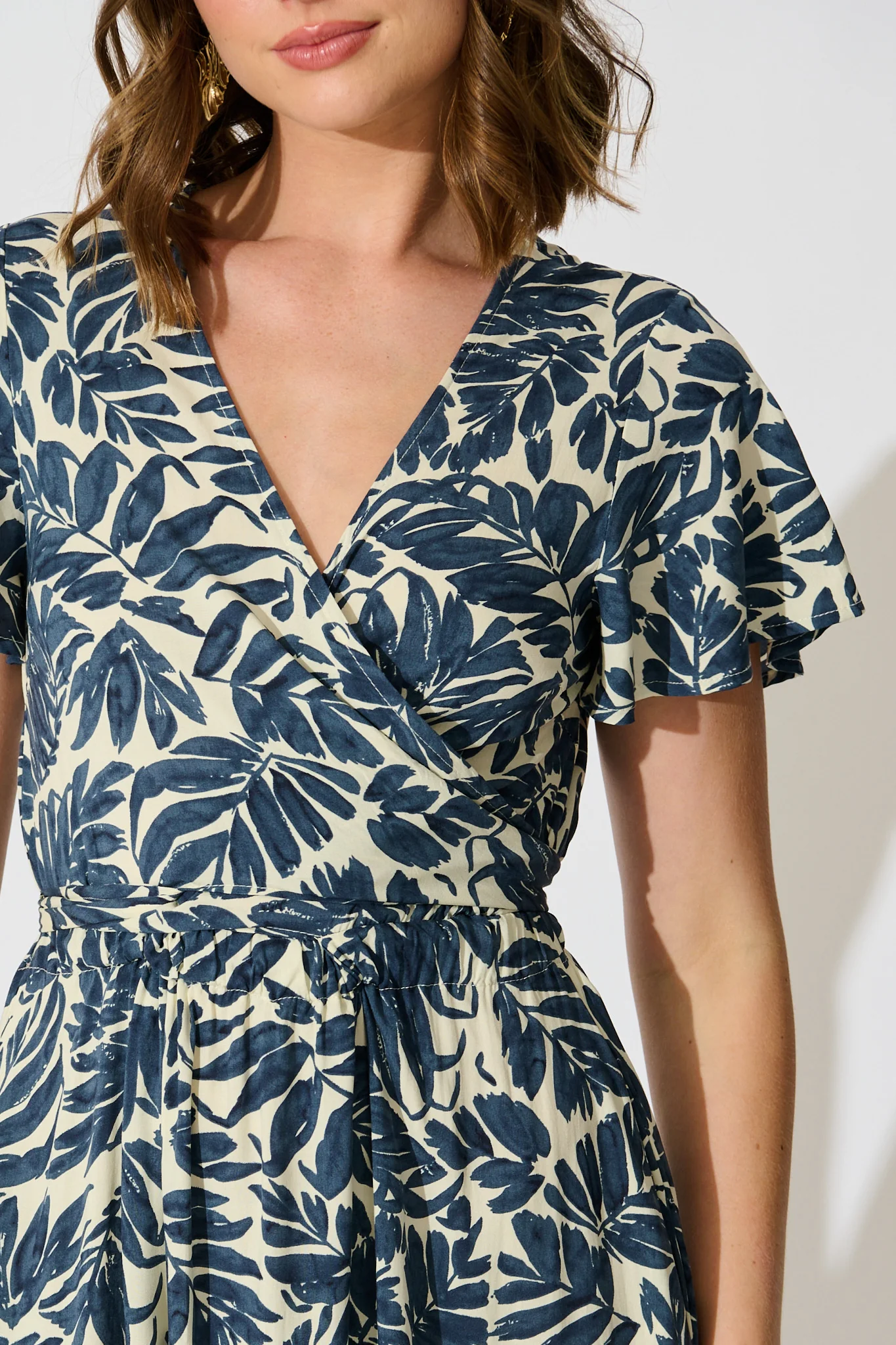 Ellerie Midi Dress in Navy and Cream Leaf Print - Image 6
