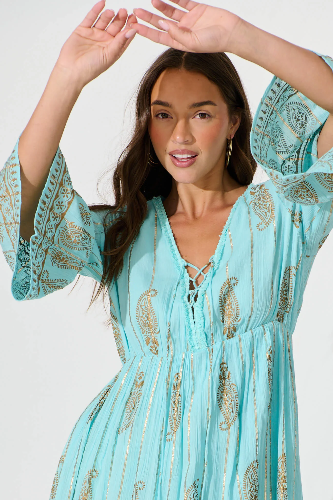 Ellie Maxi Dress in Aqua Blue with Gold Print - Image 5