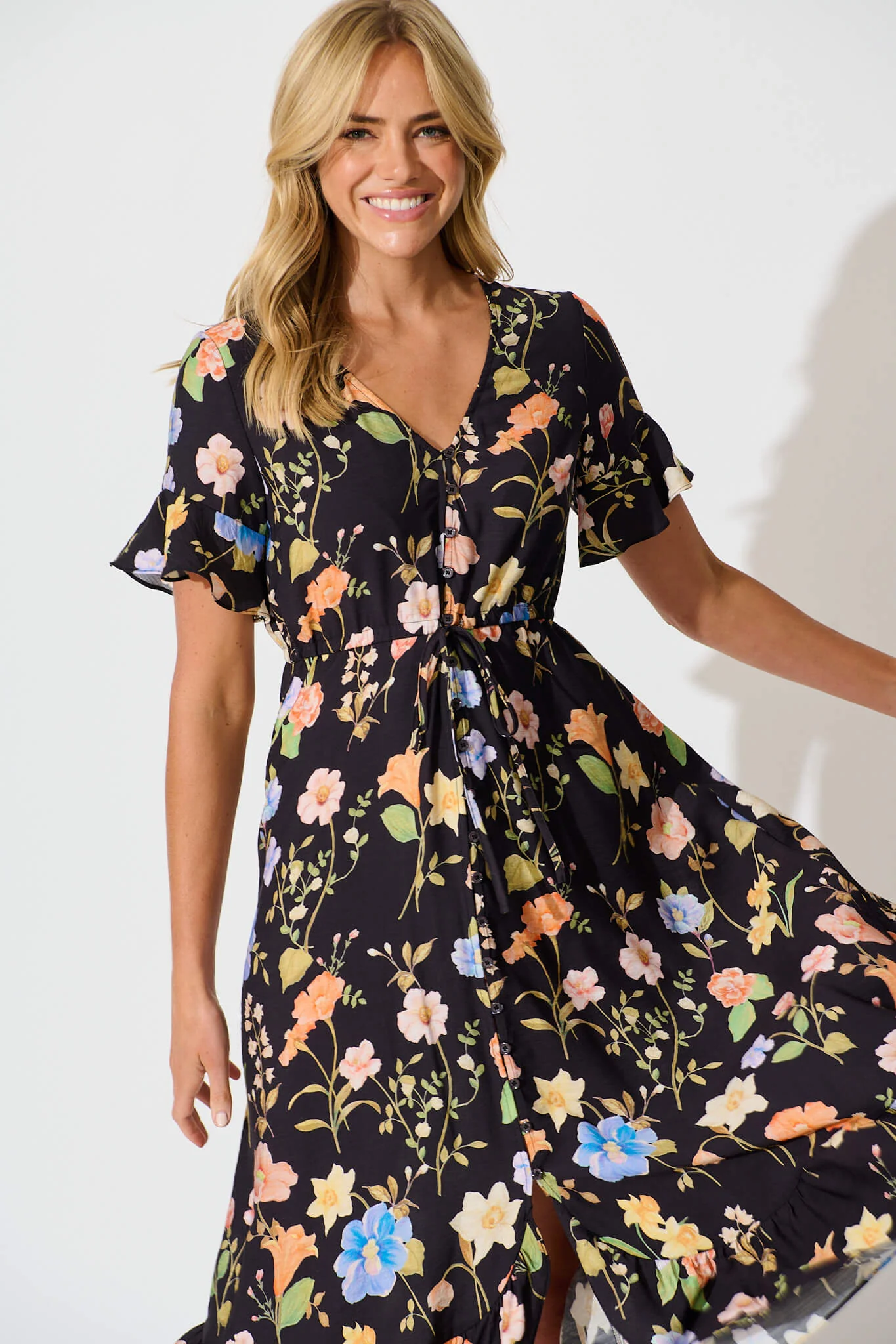 Ellie Midi Dress in Black with Multi Floral - Image 2